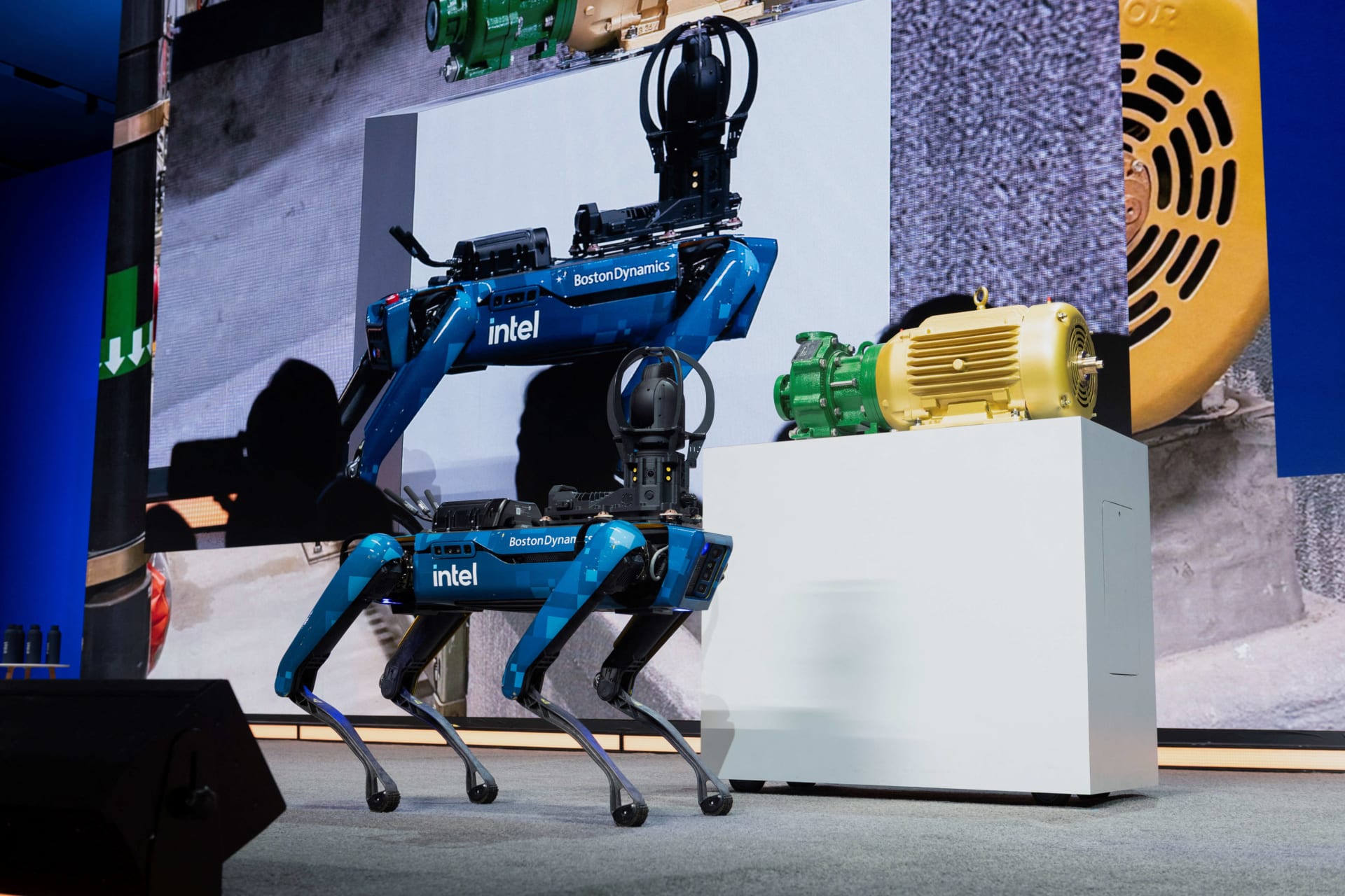 <p>Chip, a robot used at Intel factories around the world, is displayed on stage at the company’s Annual Manufacturing Technology Conference in San Jose, California, U.S. April 29, 2025. </p>

