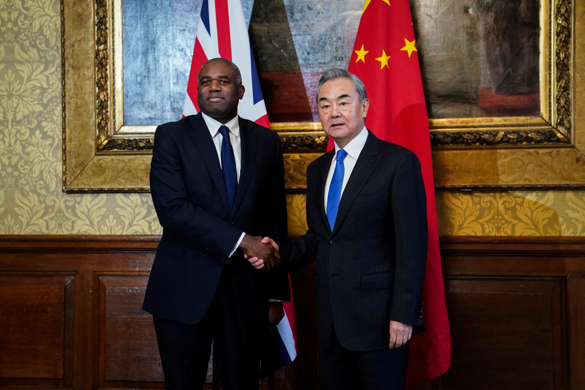 <p>British Foreign Secretary David Lammy welcomes China’s foreign affairs minister Wang Yi ahead of a meeting, in London, Britain. February 13, 2025.  </p>
