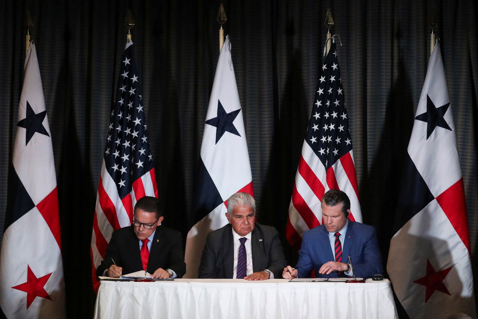 <p>U.S. Defense Secretary Pete Hegseth signs a security cooperation agreement with Panama’s President Jose Raul Mulino in Panama City on April 9, 2025.</p>
