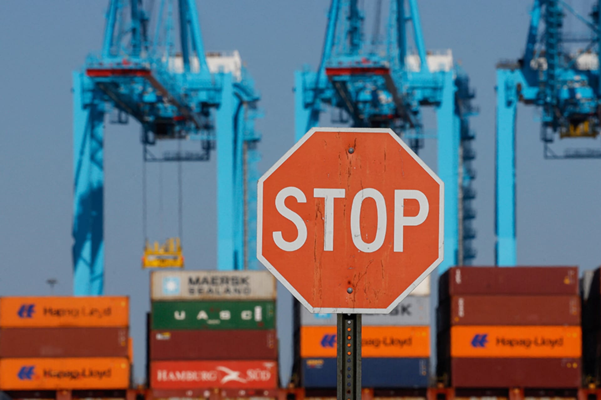 <p>A cargo ship sits outside of the Port of Elizabeth marine terminal seen from Bayonne, New Jersey, U.S., April 9 2025.</p>
