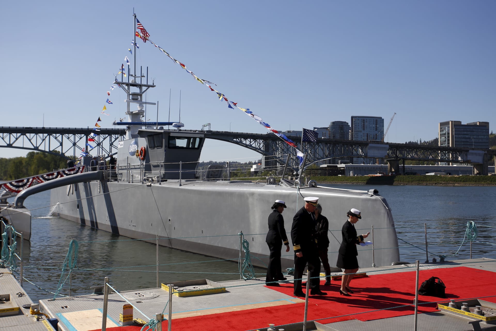 <p>The autonomous ship “Sea Hunter” docked after its christening ceremony in Portland, Oregon, April 7, 2016.</p>
