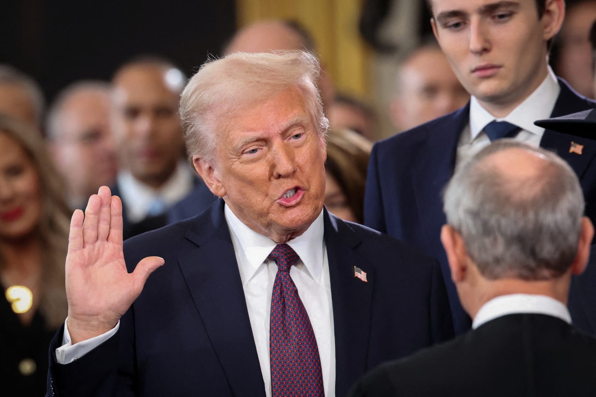 <p>U.S. President Donald Trump takes the oath of office on the day of his Presidential Inauguration at the Rotunda of the U.S. Capitol on January 20, 2025.</p>

