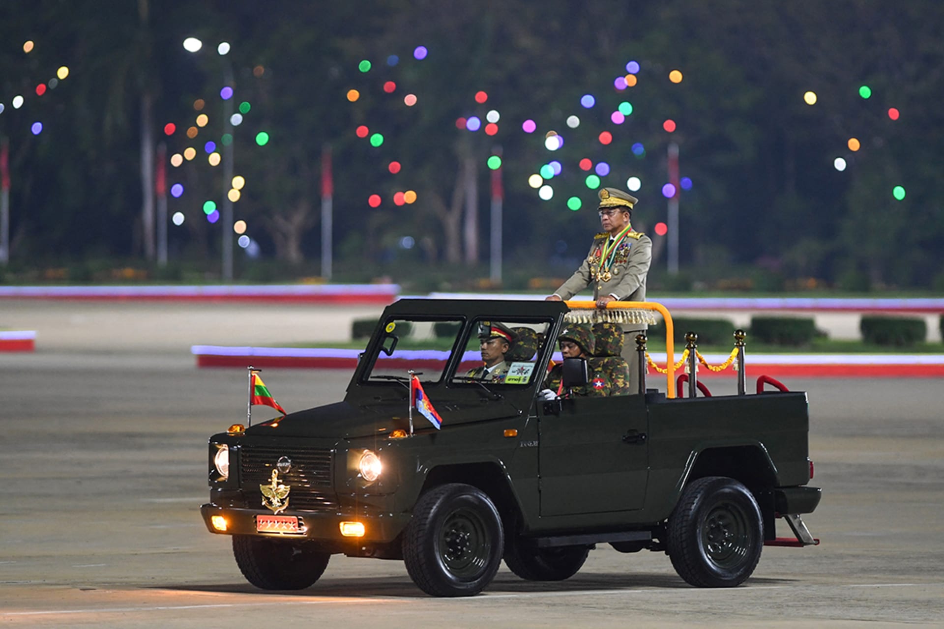 <p>Myanmar’s military chief Min Aung Hlaing arrives to deliver a speech during a ceremony to mark the country’s Armed Forces Day in Naypyidaw on March 27, 2025.</p>
