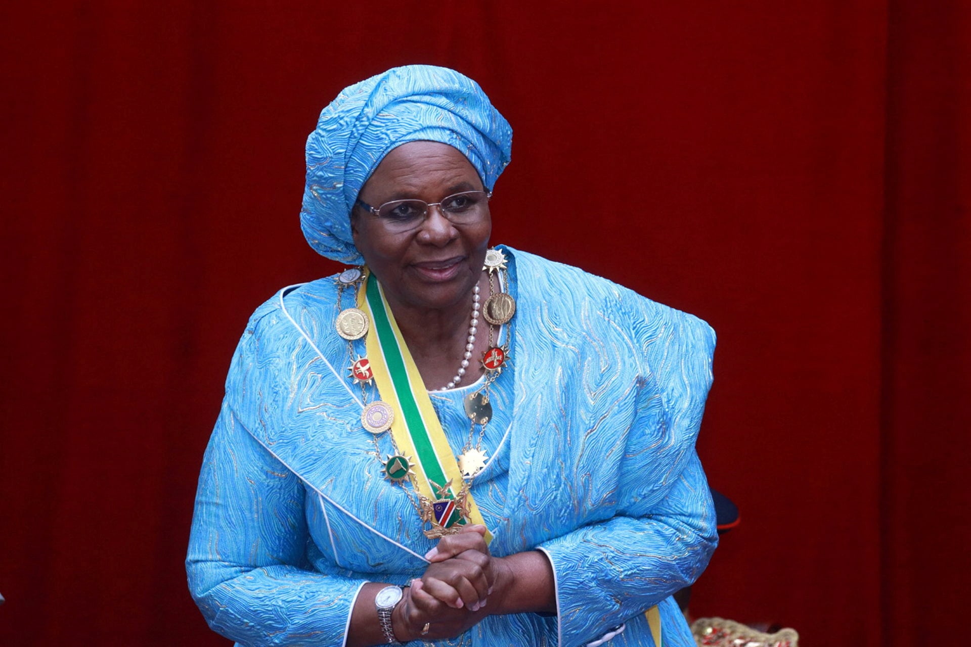 <p>Namibia’s first female President, Netumbo Nandi-Ndaitwah reacts during her inauguration at the State House in Windhoek, Namibia, March 21, 2025. </p>

