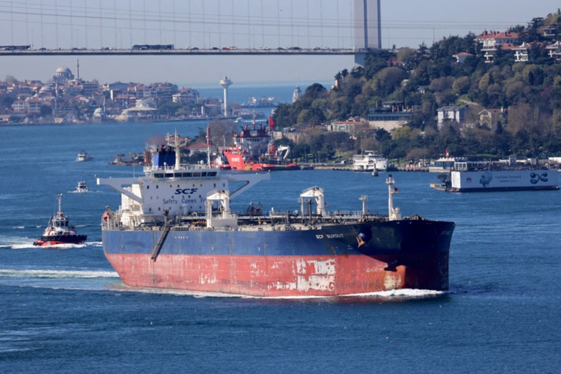 <p>The Russian tanker SCF Surgut, transporting U.S-sanctioned Russian crude oil, transits the Bosphorus in Istanbul, Turkey, April 4, 2024. </p>
