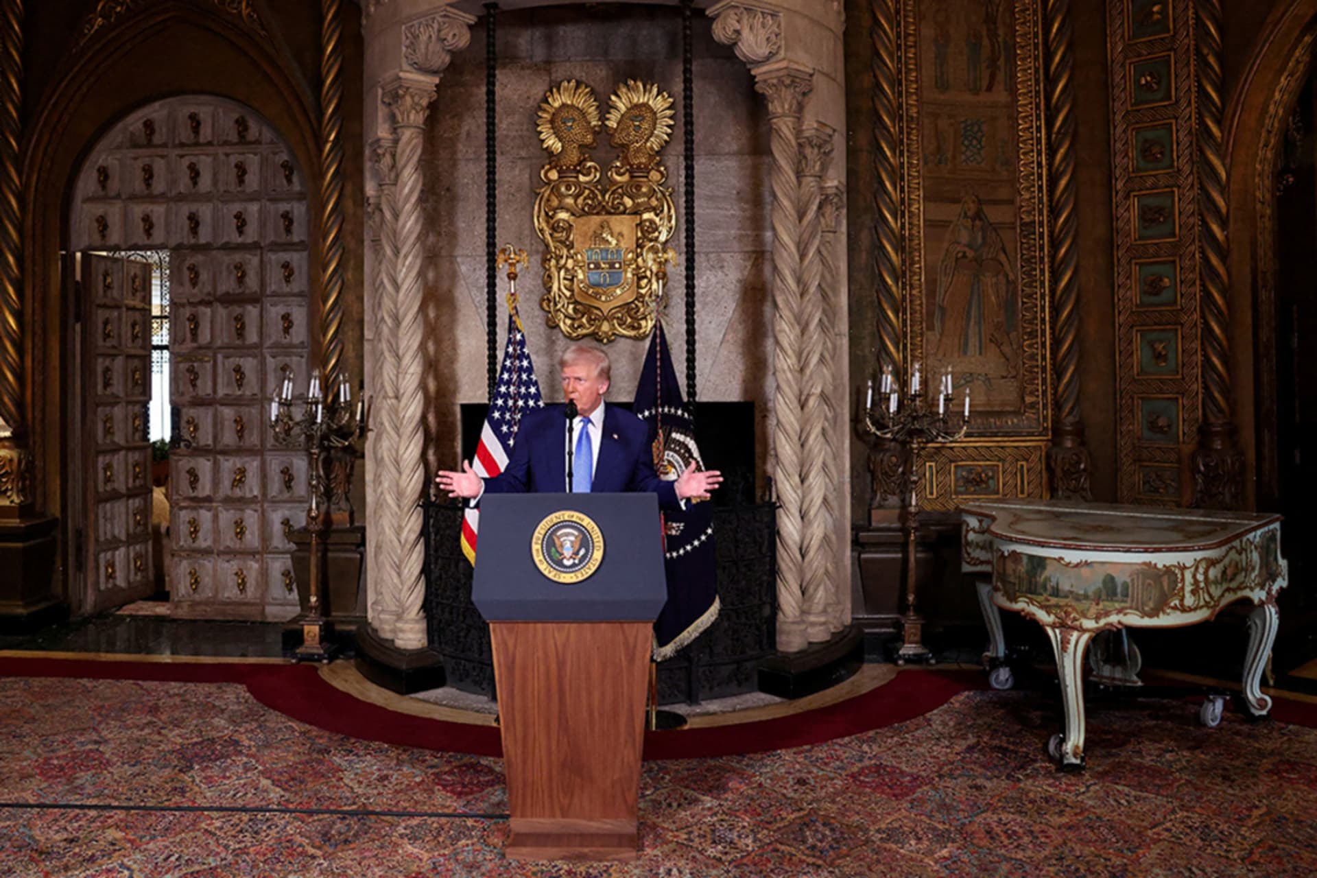 <p>President Donald Trump speaks at Mar-a-Lago in Palm Beach, Florida.</p>
