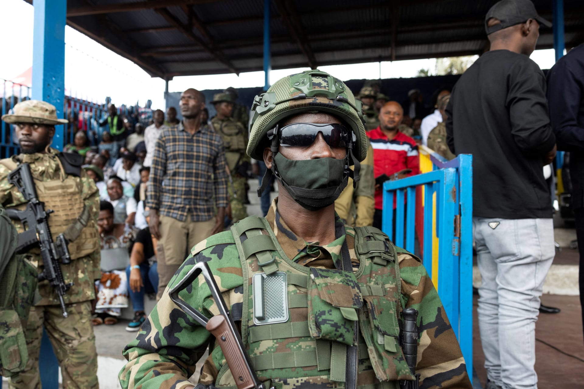 <p>M23 rebels stand guard during a meeting at the Stade de l’Unite, after the town of Goma was taken by the M23 rebels, in Goma, Democratic Republic of Congo, on February 6, 2025.</p>
