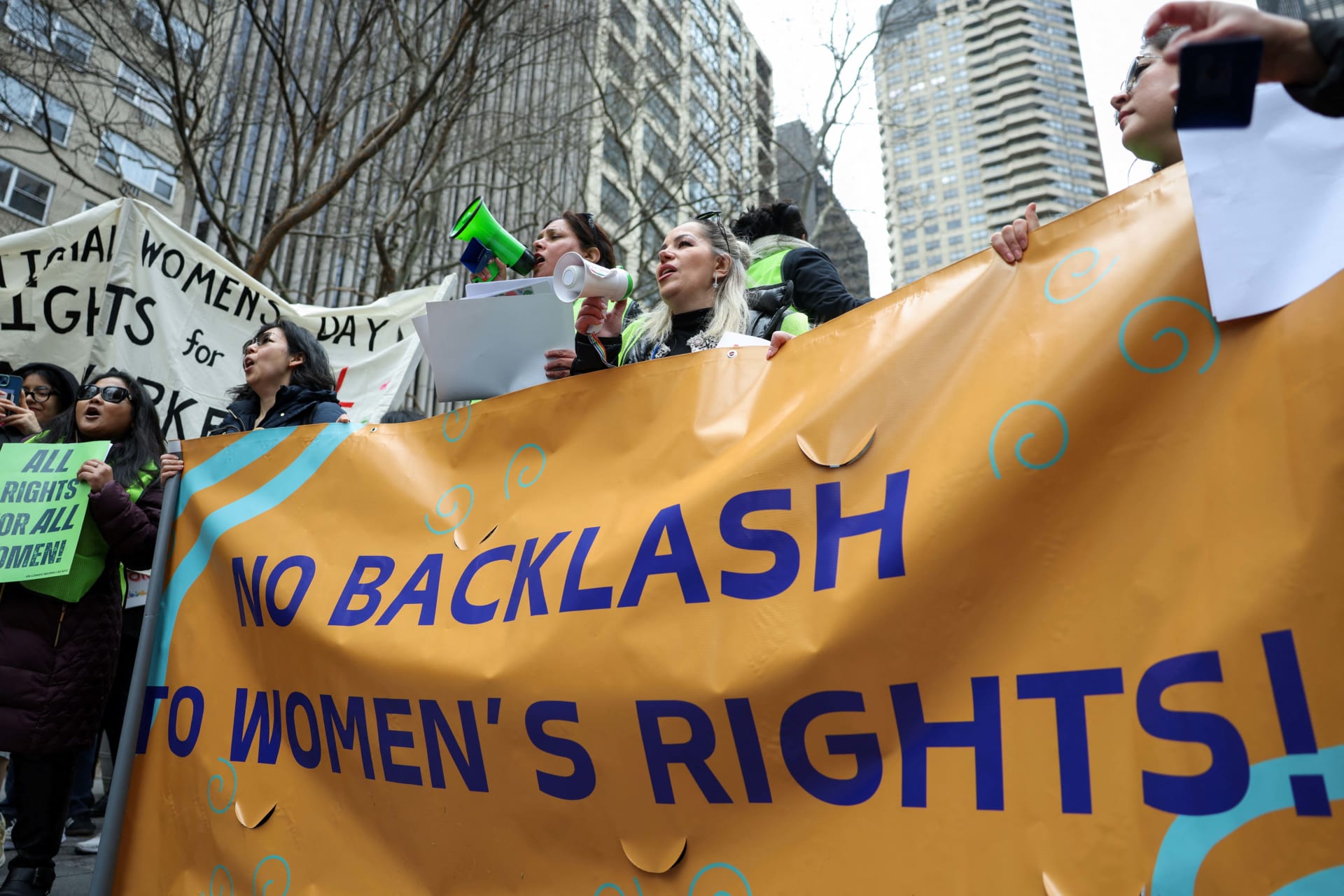 <p>Protesters chant at the Dag Hammarskjold Plaza during the No Backlash to Women’s Rights rally in New York City, U.S., March 12, 2025. </p>
