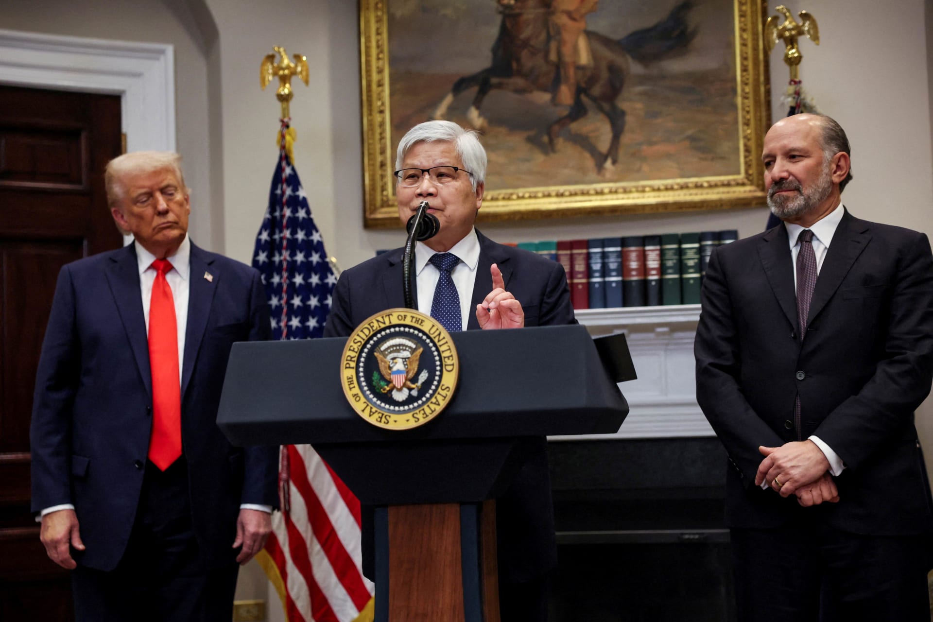 <p>C.C. Wei, Chairman and CEO of Taiwan Semiconductor Manufacturing Company (TSMC), speaks next to U.S. President Donald Trump and Commerce Secretary Howard Lutnick, as they make an announcement about an investment from TSMC.</p>
