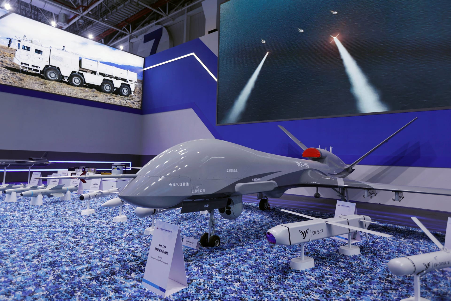 <p>A model of the WJ-700 reconnaissance drone is displayed at the China, International Aviation and Aerospace Exhibition, or Airshow China, in Zhuhai, Guangdong province, China, November 14, 2024.</p>
