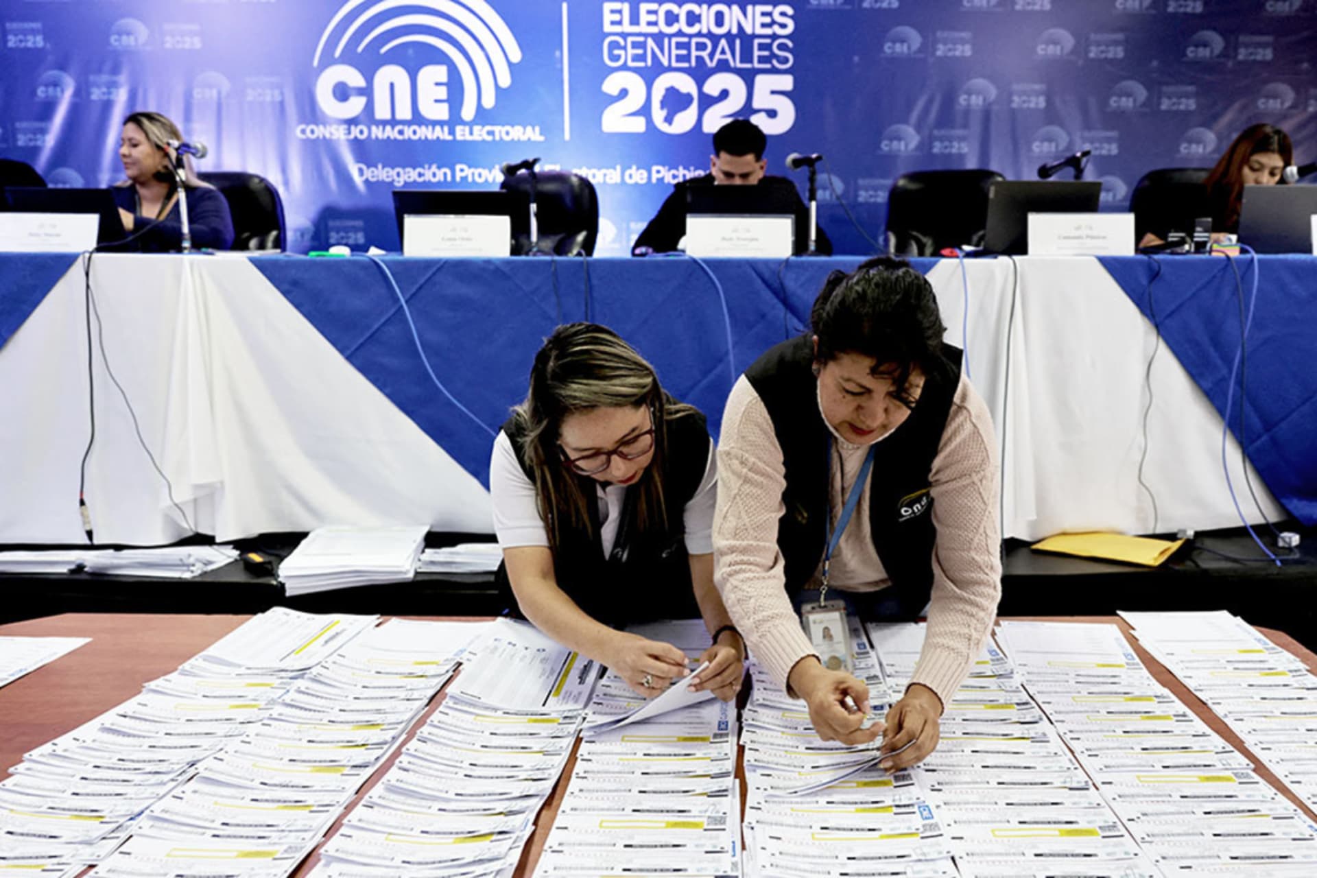<p>Election clerks go through the re-tallying of votes for Ecuador’s presidential and parliamentary elections, in Quito, Ecuador.</p>
