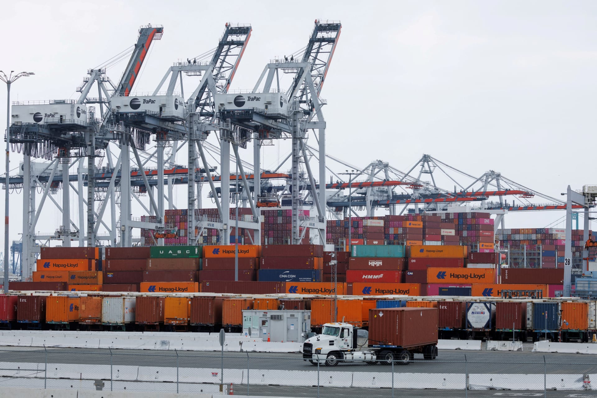 <p>Shipping containers are shown at the Terminal 1 Container Terminal at the Port of Los Angeles in Wilmington, California, U.S., October 17, 2024.</p>
