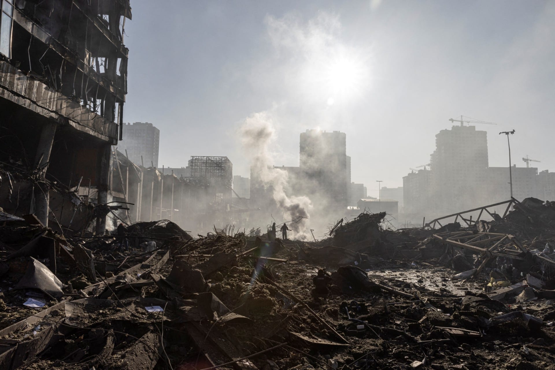 <p>The wreckage of a shopping center in Kyiv, Ukraine, that was struck by Russian missiles on March 21, 2022. </p>
