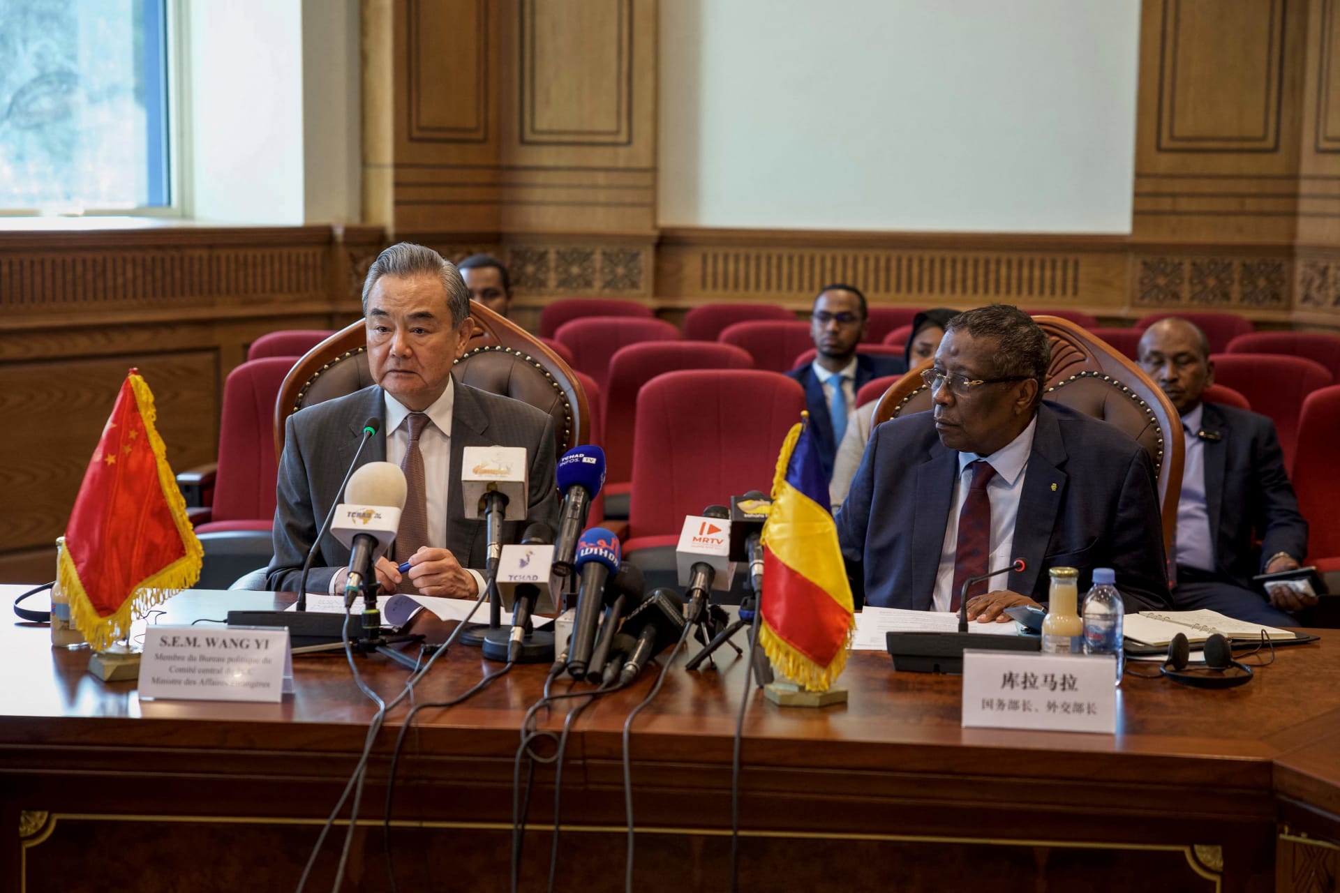 <p>Chad’s Foreign Minister Abderaman Koulamallah meets with China’s Foreign Minister Wang Yi at the Ministry of Foreign Affairs in N’Djamena, Chad on January 8, 2025. </p>
