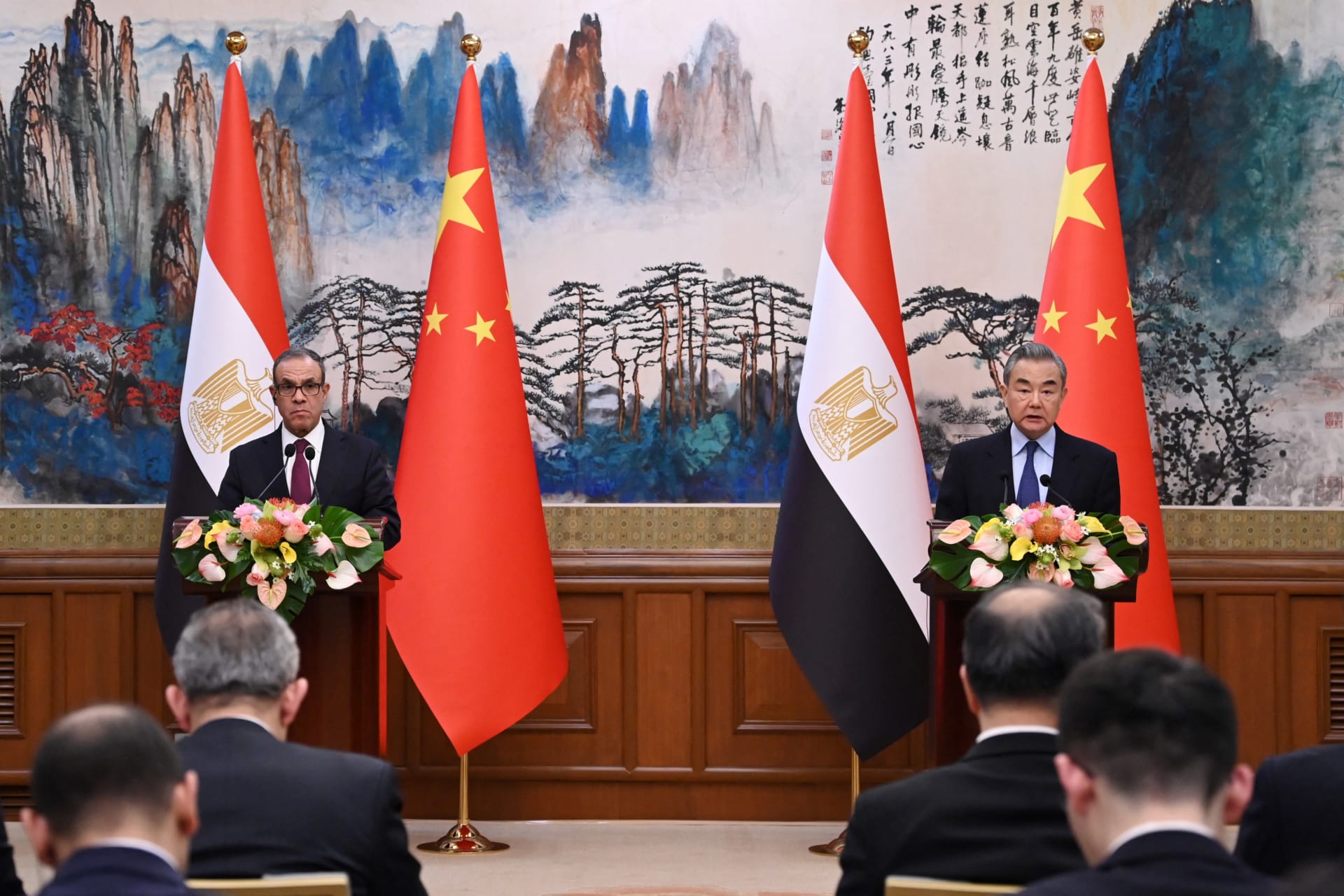 <p>China’s Foreign Minister Wang Yi speaks during a joint briefing as Egypt’s Foreign Minister Badr Abdelatty looks on at the Diaoyutai State Guesthouse in Beijing, China on December 13, 2024.</p>
