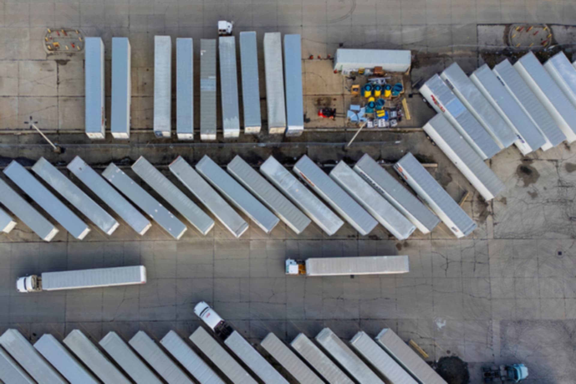 <p>A drone view of trailers parked at Stellantis’s Chrysler Windsor Assembly facility in Windsor, Ontario, Canada, February 4, 2025. </p>
