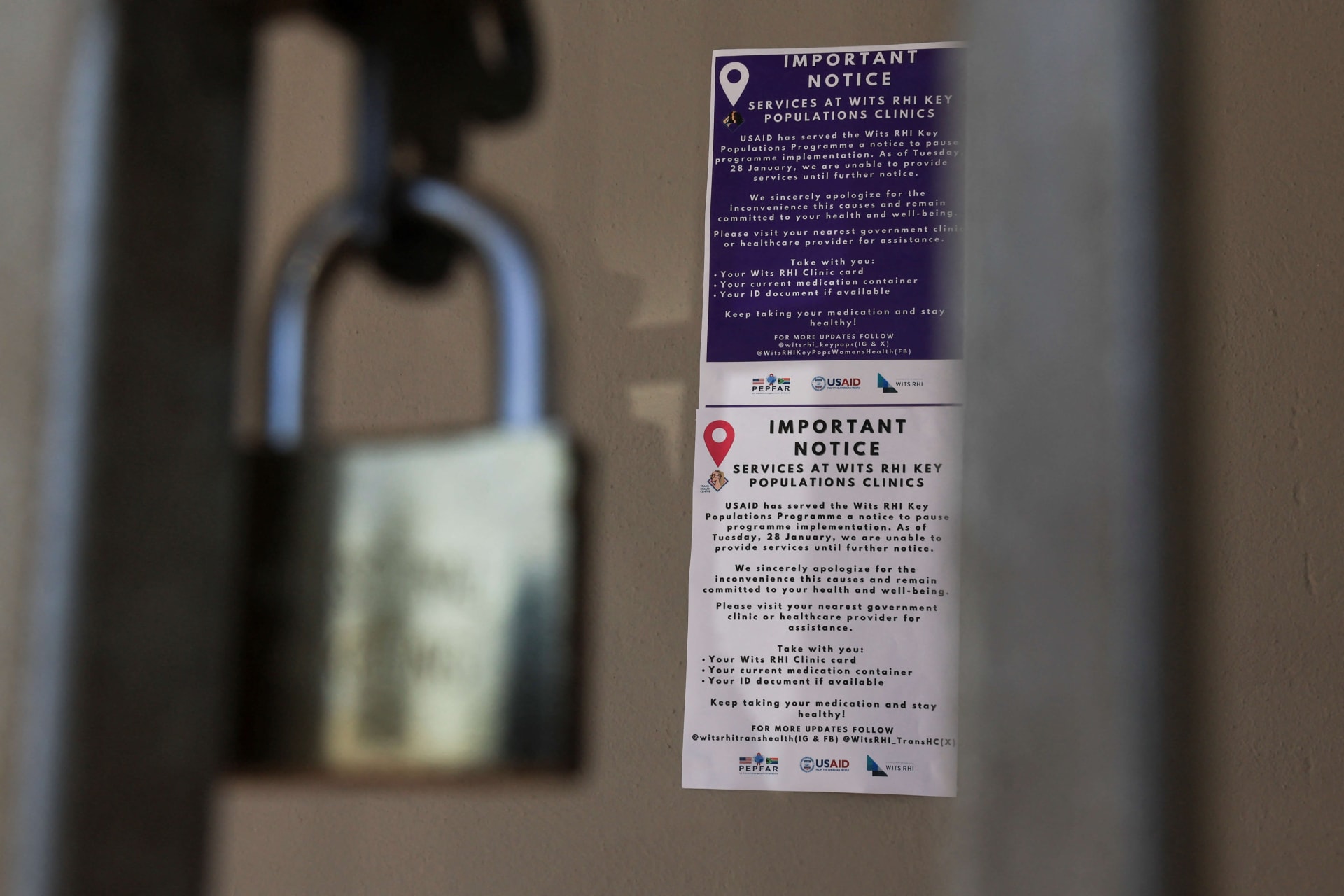 <p>A notice outside a clinic states that it is unable to provide services until further notice following a USAID notification to pause the program in Cape Town, South Africa, on January 28, 2025.</p>
