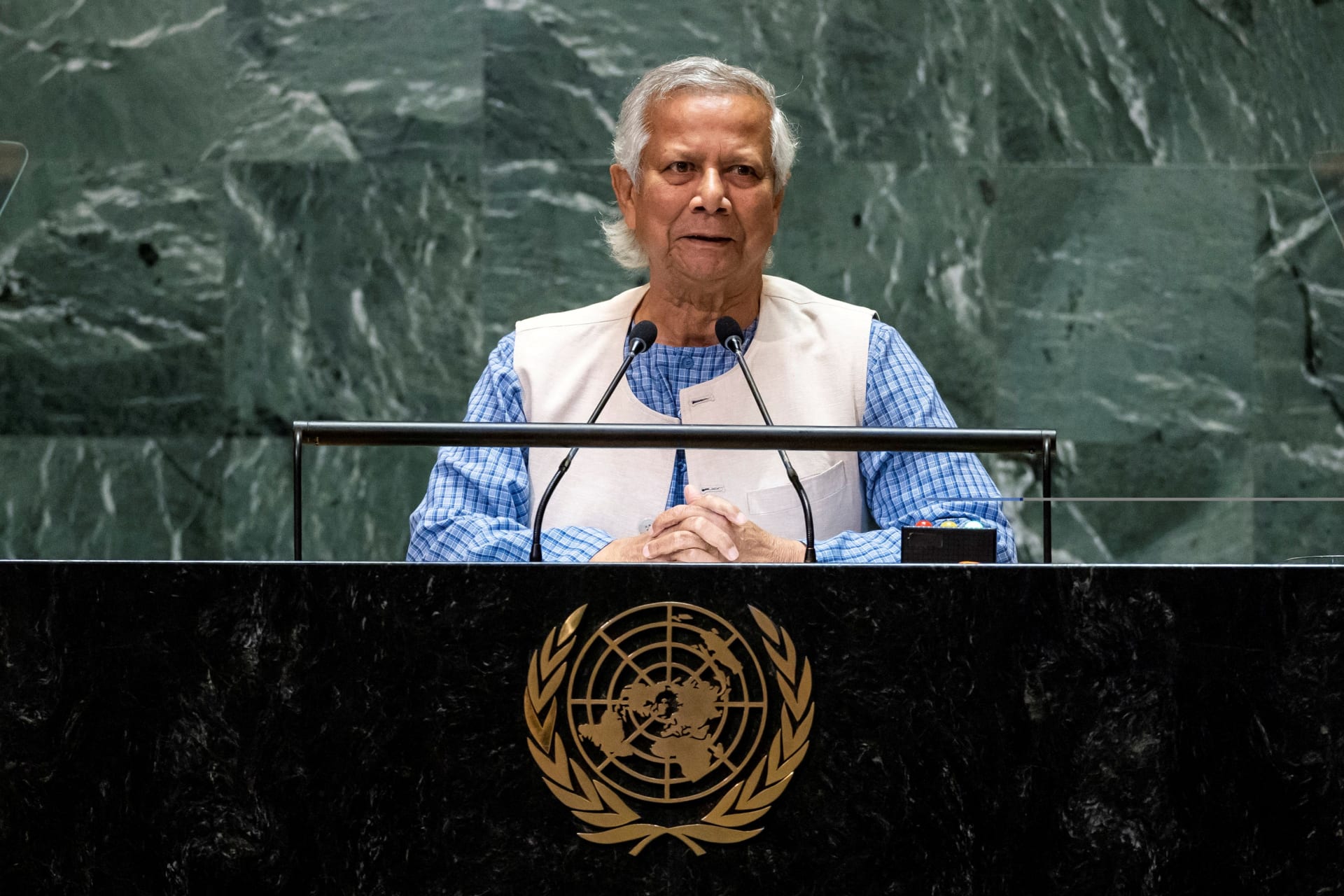 <p>Muhammad Yunus, Chief Adviser of Bangladesh, addresses the 79th United Nations General Assembly at the UN headquarters in New York on September 27, 2024.</p>
