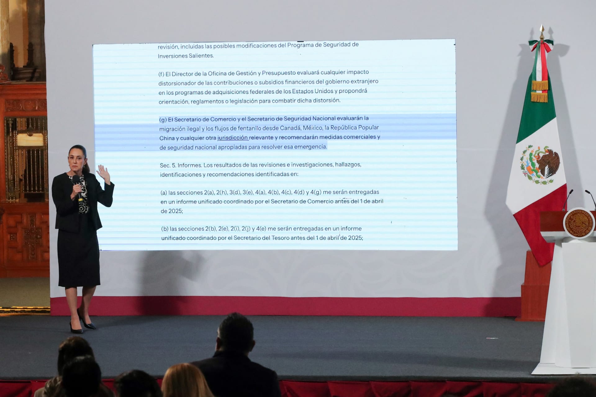 <p>Mexico’s President Claudia Sheinbaum speaks about U.S. President Donald Trump’s policies during a press conference at the National Palace, in Mexico City, Mexico January 21, 2025.</p>
