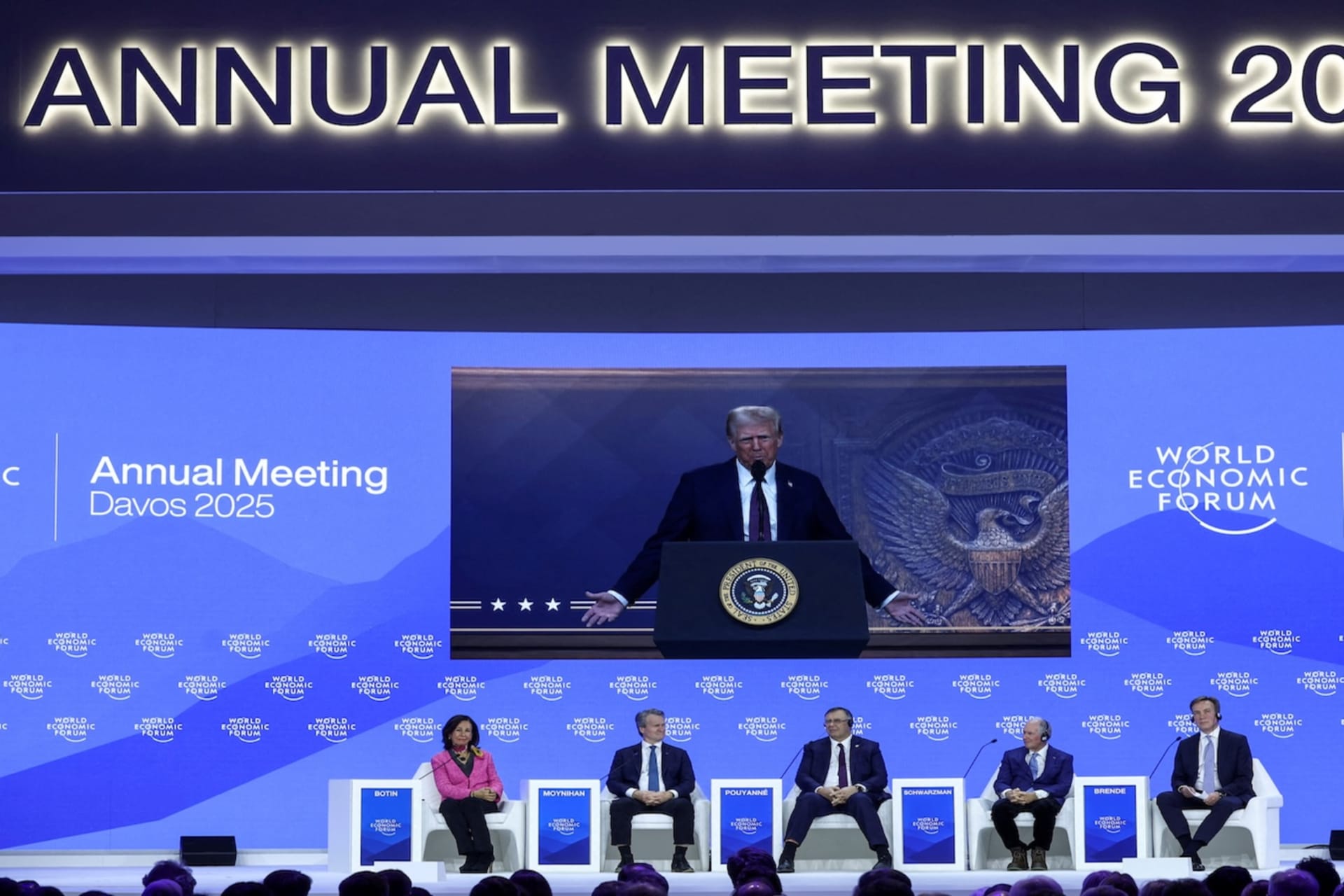 <p>U.S. President Donald Trump makes a special address at the World Economic Forum meeting in Davos, Switzerland, January 2025. </p>
