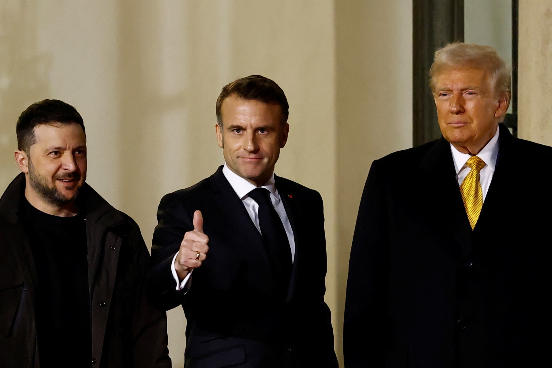 <p> French President Emmanuel Macron accompanies U.S. President-elect Donald Trump and Ukraine’s President Volodymyr Zelenskyy after a trilateral meeting at the Elysee Palace in Paris.</p>
