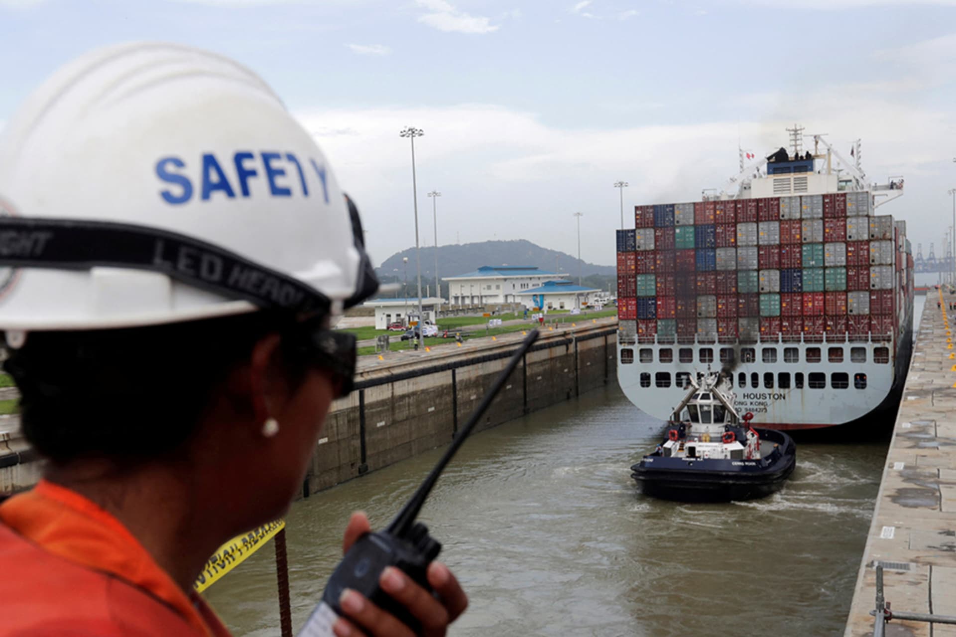<p>The cargo ship Cosco Houston tests a new set of locks at the Panama Canal as part of a canal expansion project, in June 2016.</p>
