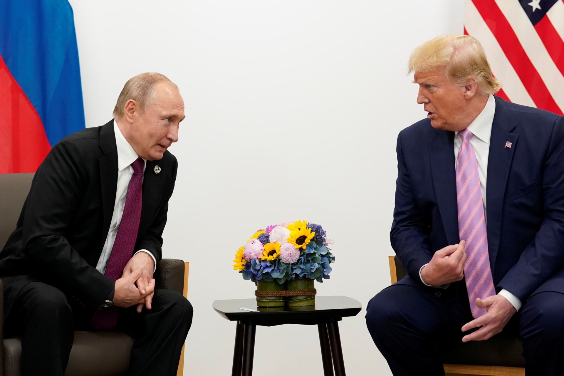 <p>Russia’s President Vladimir Putin and U.S. President Donald Trump talk during a bilateral meeting at the G20 leaders summit in Osaka, Japan.</p>
