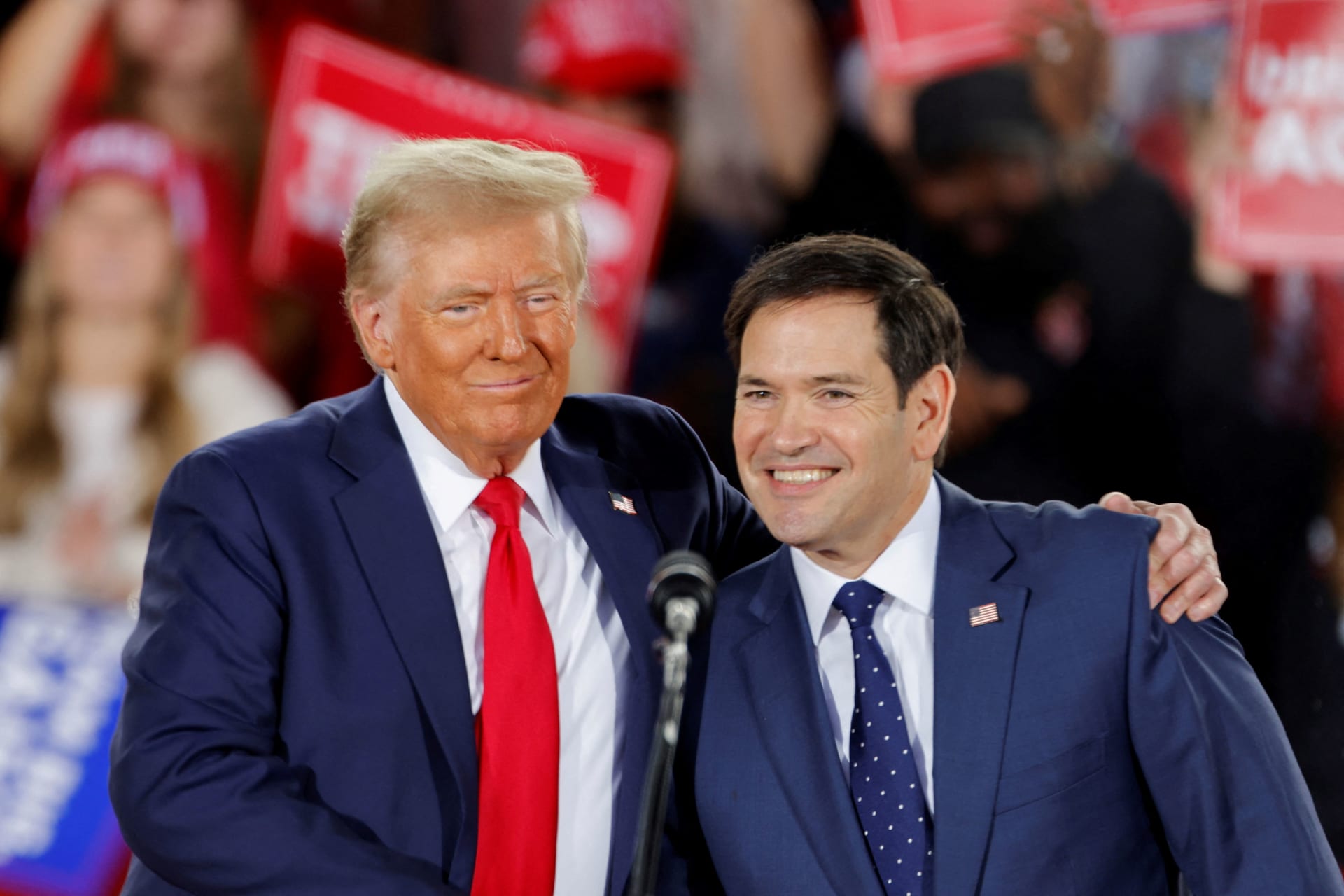 <p>President-elect Donald Trump and Secretary of State-nominee Marco Rubio react during a campaign event in Raleigh, North Carolina, on November 4, 2024.</p>
