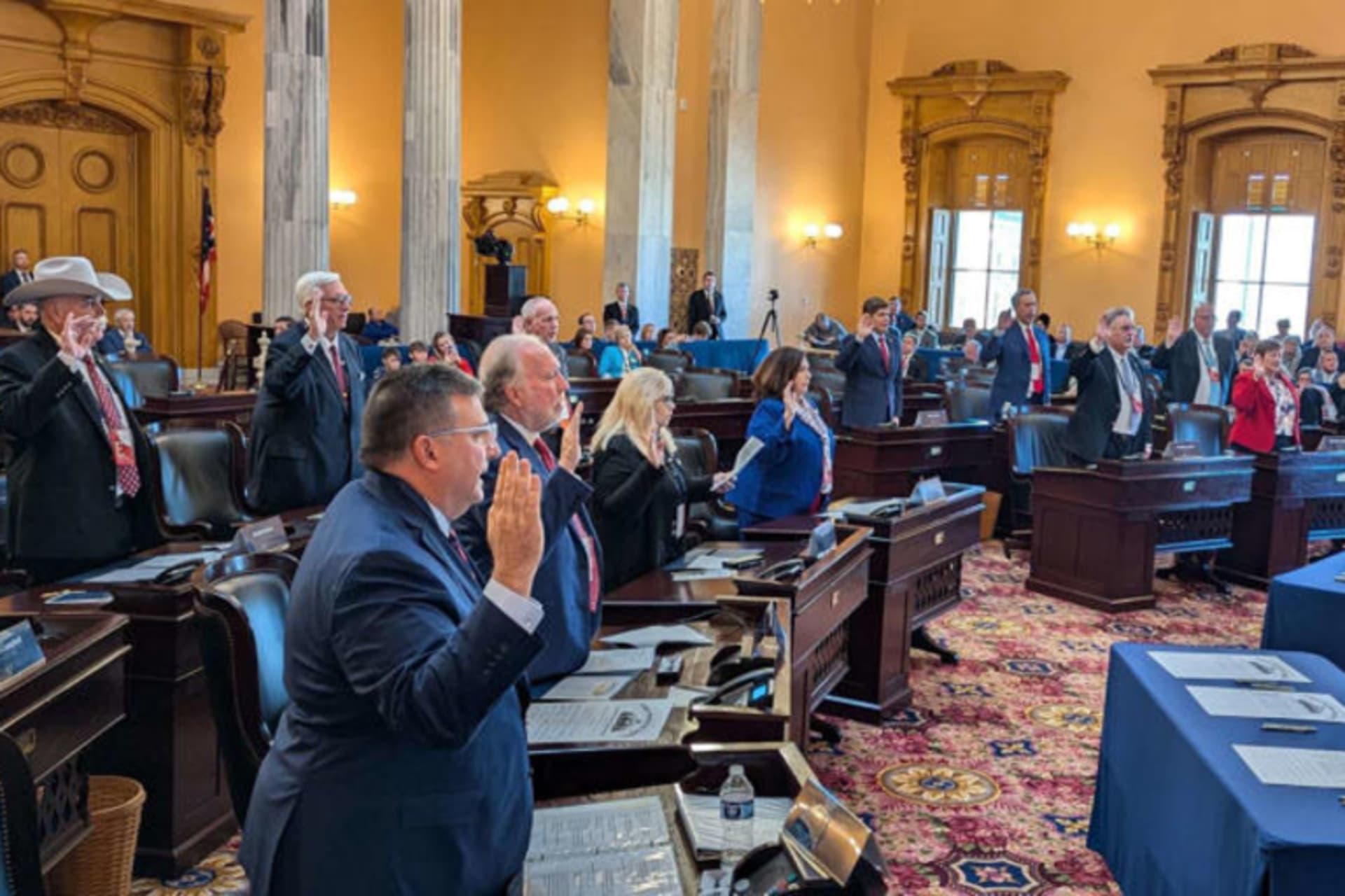 <p>Ohio’s seventeen presidential electors are sworn in before casting their votes for President-elect Donald Trump during a meeting at the Ohio Senate chambers in Columbus, Ohio, on December 17, 2024. </p>
