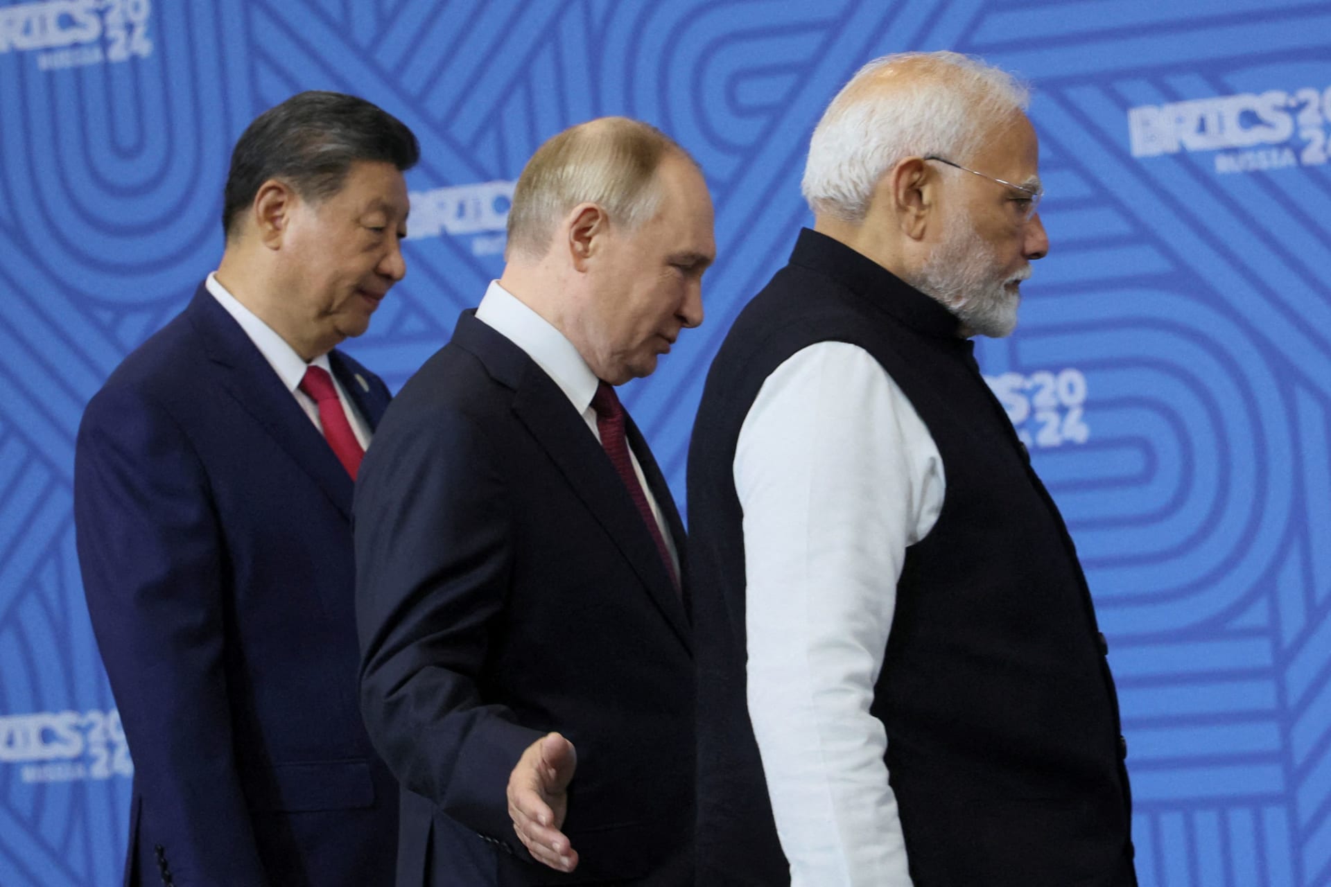 <p>Chinese President Xi Jinping, Russian President Vladimir Putin, and Indian Prime Minister Narendra Modi at the BRICS 2024 Summit in Kazan, Russia, on October 23, 2024. </p>
