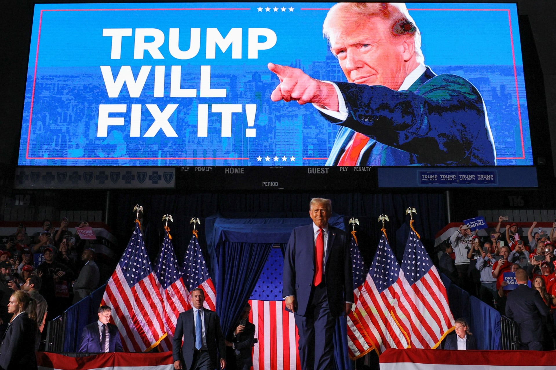 <p>Donald Trump takes the stage in Grand Rapids, Michigan, on November 5, 2024. </p>
