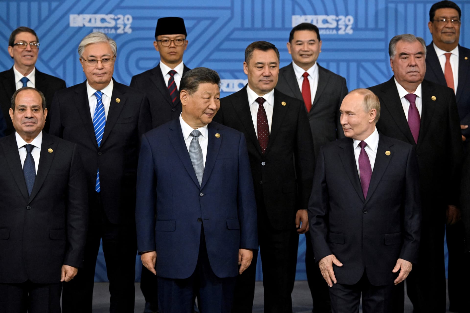 <p>Egyptian President Abdel Fattah al-Sisi, Chinese President Xi Jinping, Russian President Vladimir Putin and other participants in the outreach/BRICS Plus format meeting pose for a family photo during the BRICS summit in Kazan, Russia, on October 24, 2024.</p>

