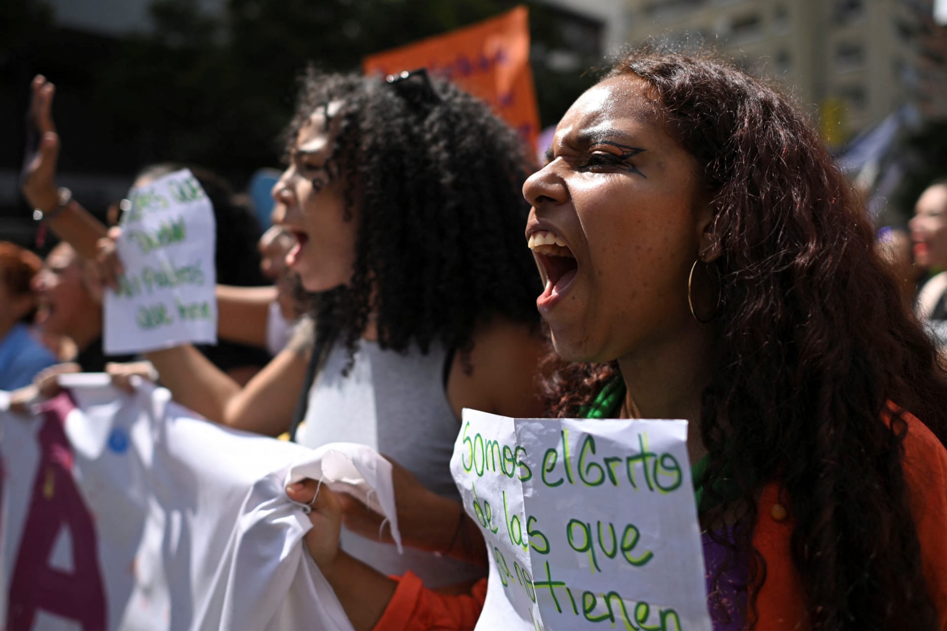 <p>Women shout slogans during a protest marking the International Day for the Elimination of Violence against Women, in Caracas, Venezuela November 25, 2023.</p>
