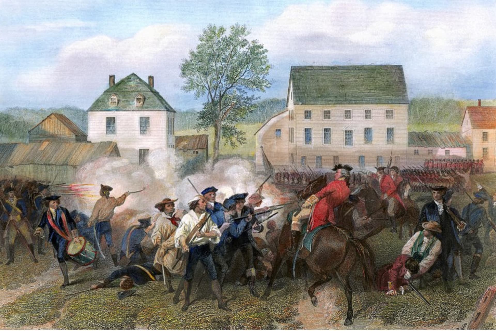 <p>Massachusetts militiamen fire on British redcoats in the Battles of Lexington and Concord. April 19, 1775. </p>
