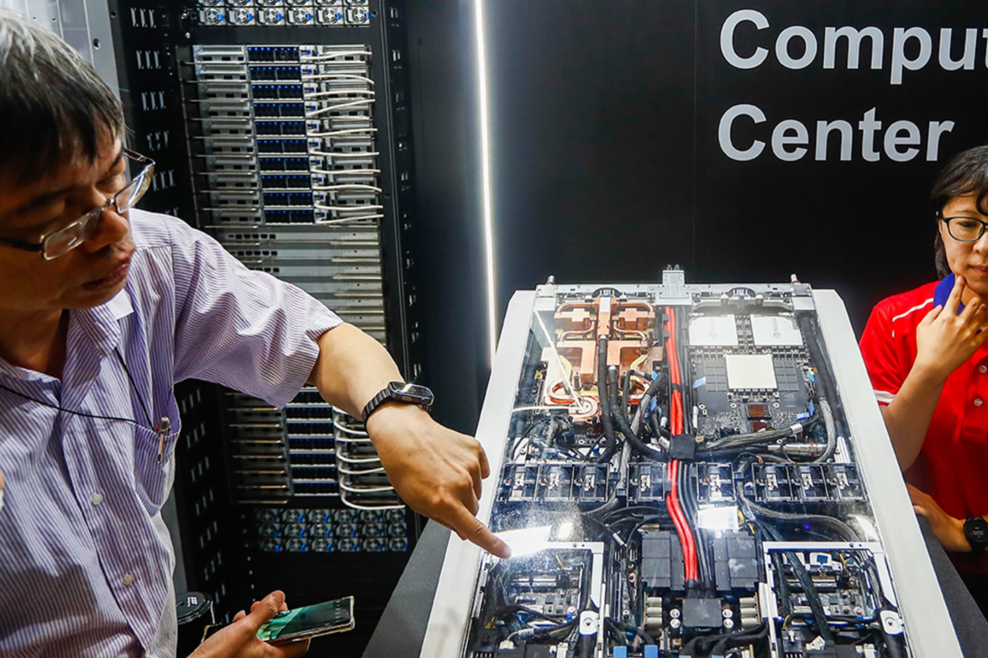 <p>A super computing center featuring technologies from Nvidia during the Foxconn Tech Day 2024, in Taipei.</p>
