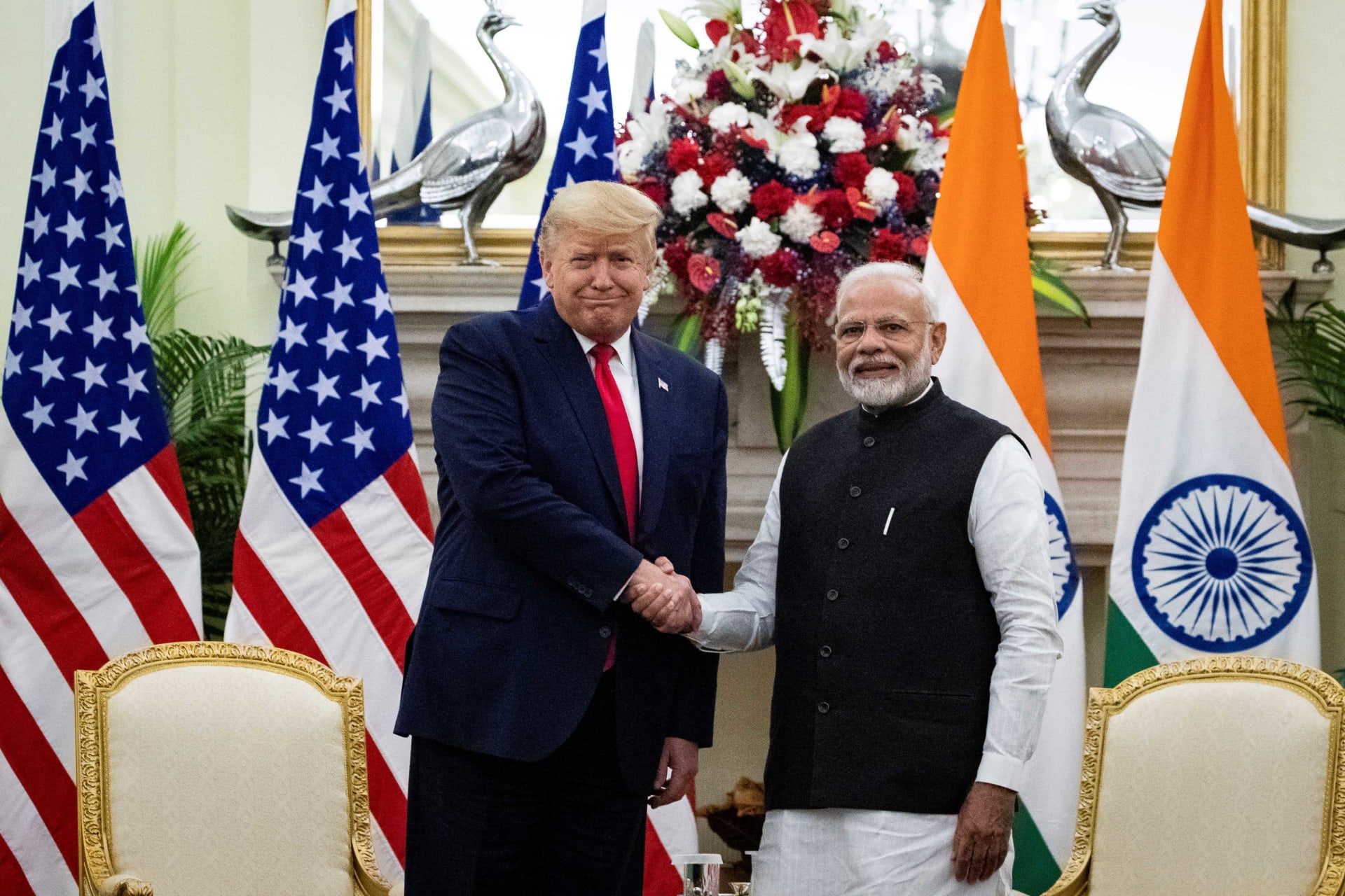 <p>U.S. President Donald Trump and Indian Prime Minister Narendra Modi shake hands during a meeting at Hyderabad House in New Delhi, India, on February 25, 2020.</p>
