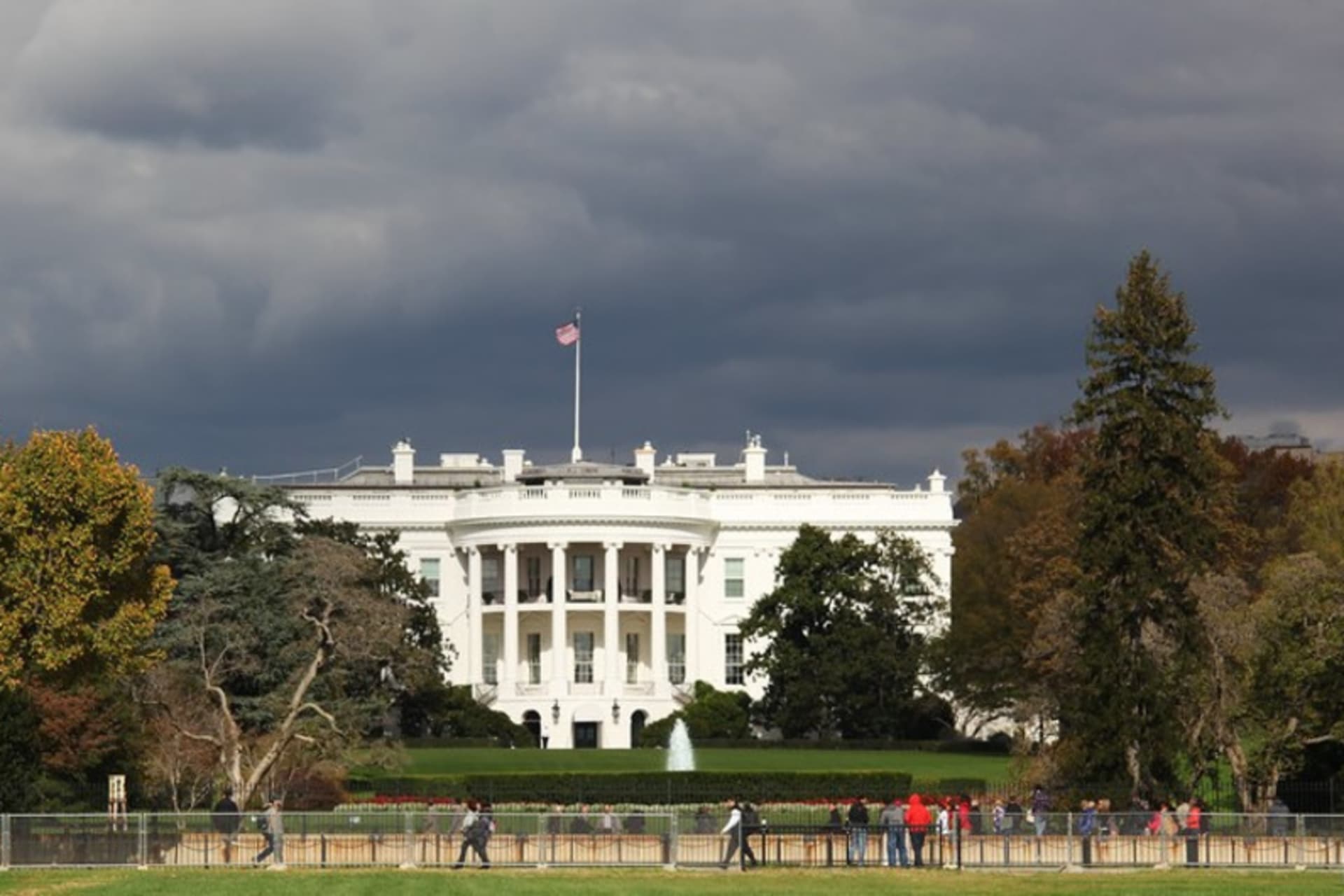 <p>The south portico of the White House with clouds approaching.</p>
