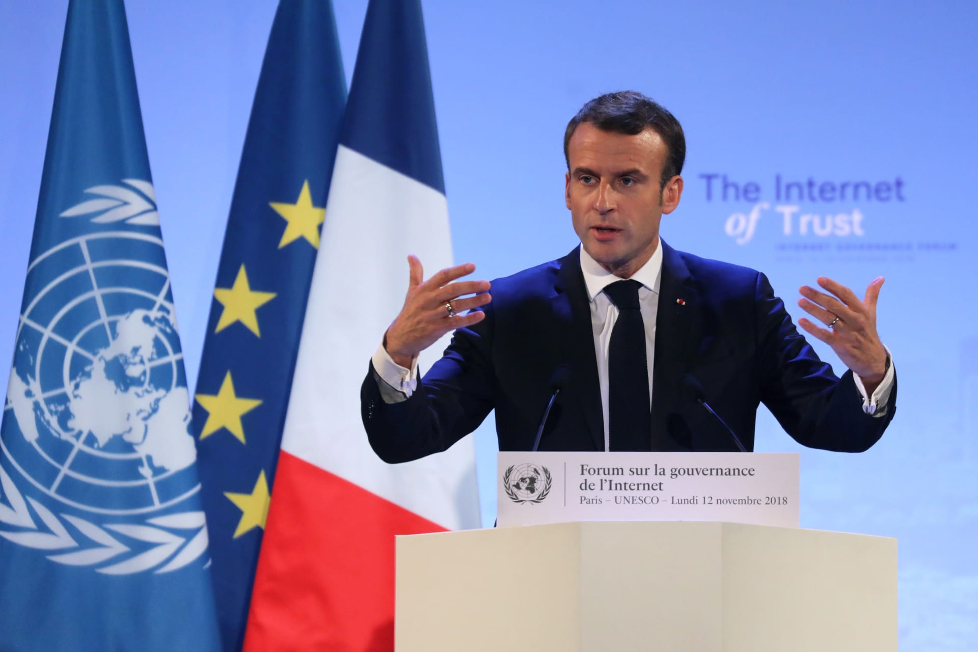 <p>French President Emmanuel Macron delivers a speech during the opening session of the Internet Governance Forum (IGF) at the UNESCO headquarters in Paris, France on November 12, 2018.</p>
