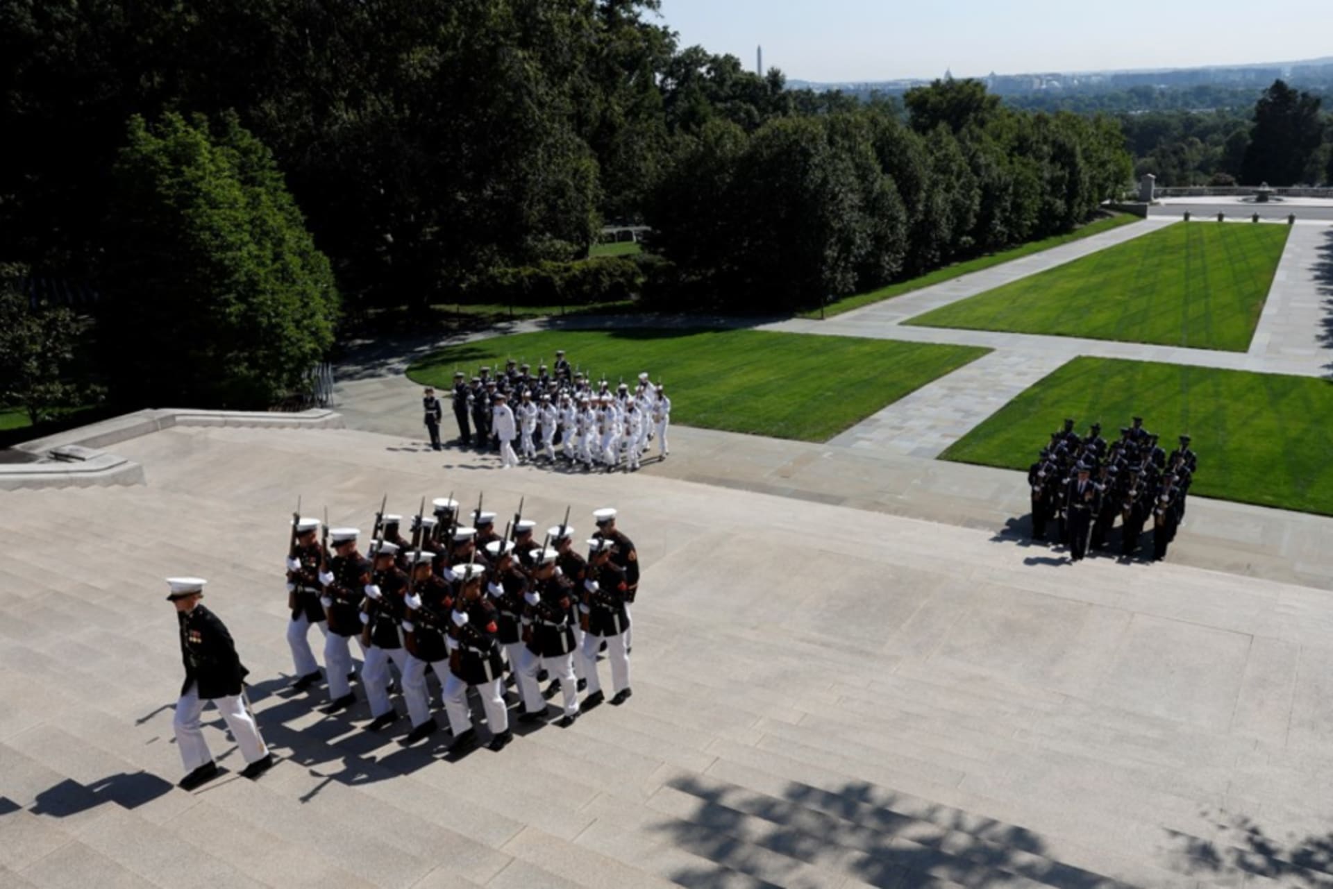 <p>U.S. armed forces honor guards attend a ceremony at the Tomb of the Unknown Soldier in Arlington National Cemetery on August 23, 2024.</p>
