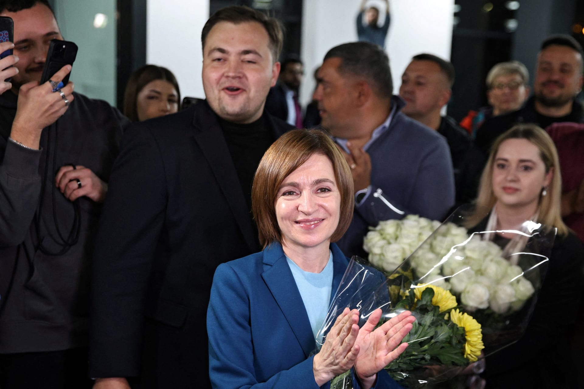 <p>Moldova’s incumbent President and presidential candidate Maia Sandu celebrates with supporters following the announcement of the preliminary results of the second round of the presidential election, at her campaign headquarters in Chisinau, Moldova Novemb</p>
