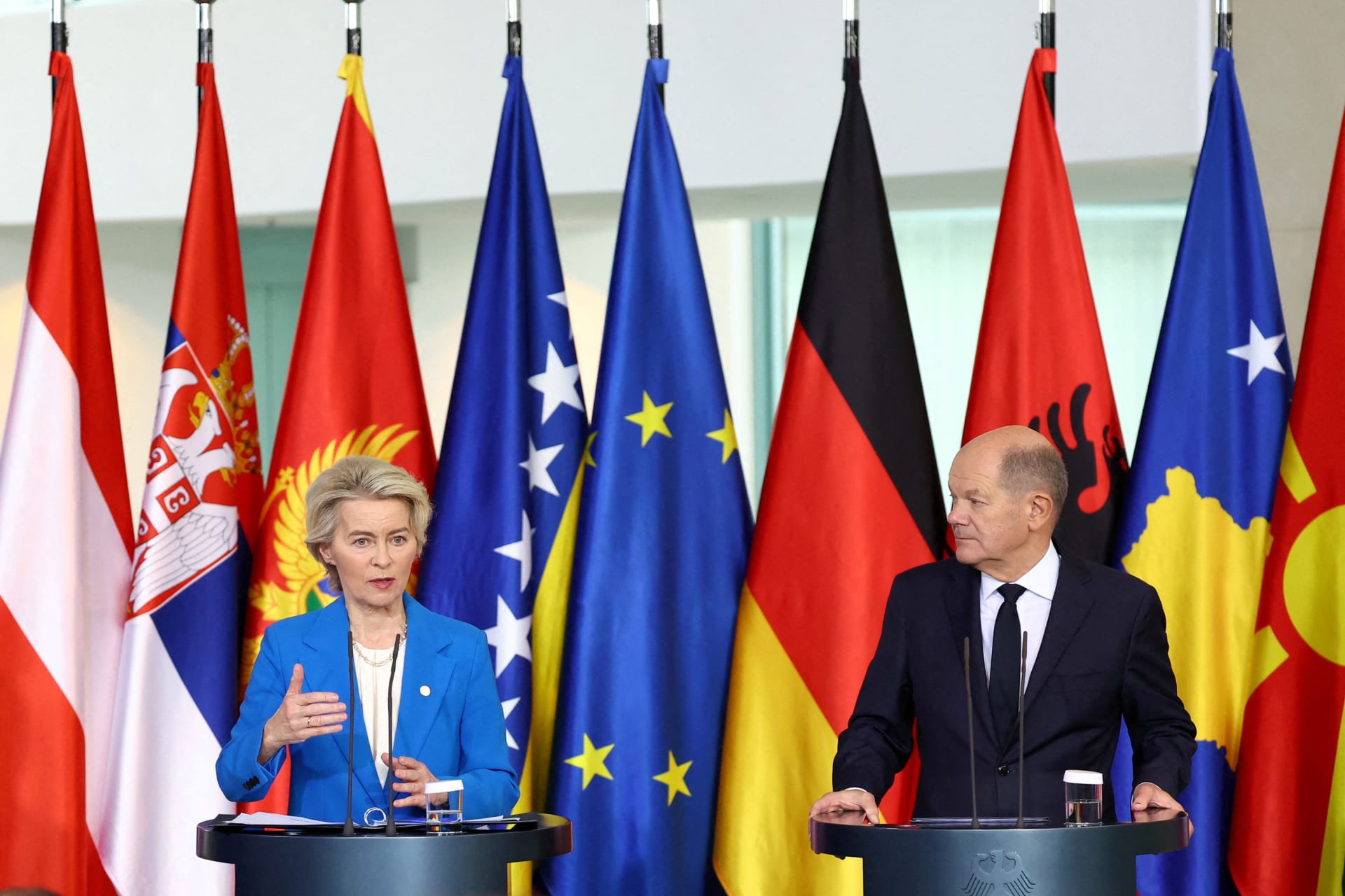 <p>European Commission President Ursula von der Leyen and German Chancellor Olaf Scholz hold a press conference during the Berlin Process Summit, in Berlin, Germany, October 14, 2024.</p>
