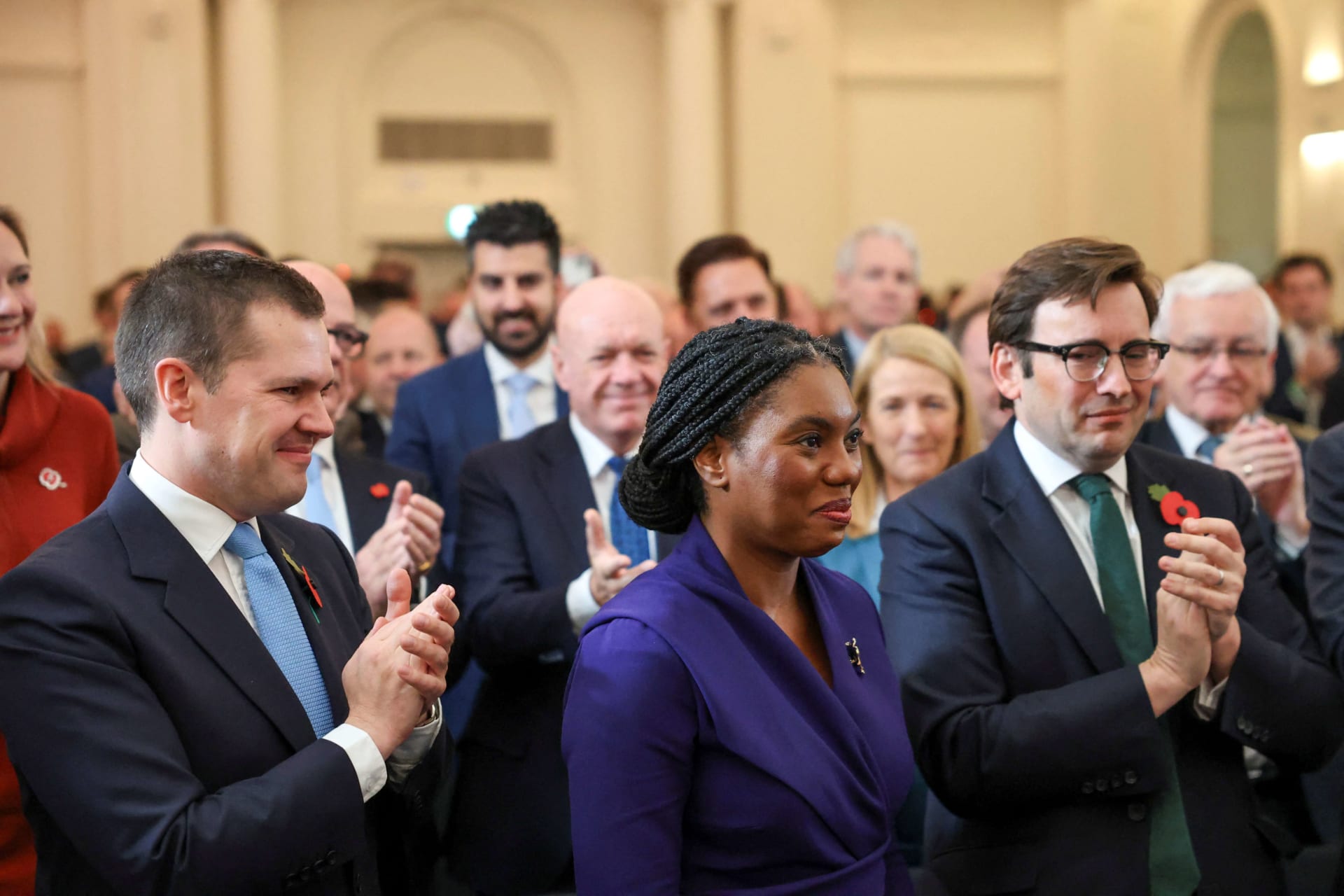 <p>Robert Jenrick applauds next to Kemi Badenoch, after Badenoch was announced as the new leader of Britain’s Conservative Party, in London, Britain on November 2, 2024.</p>
