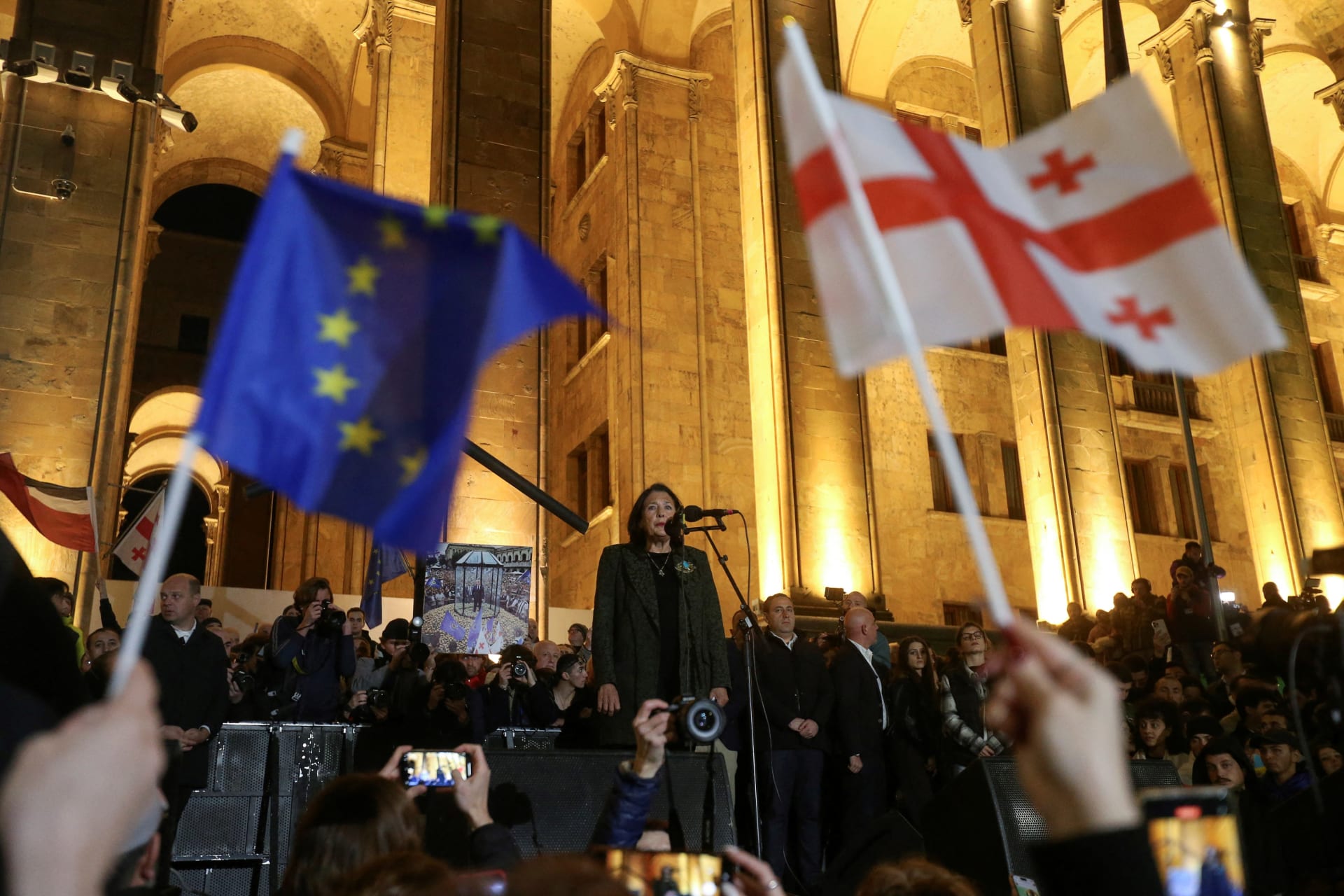 <p>Georgia’s President Salome Zourabichvili addresses participants of a rally organized by supporters of opposition parties to protest against the result of a recent parliamentary election won by the ruling Georgian Dream party, in Tbilisi, Georgia.</p>
