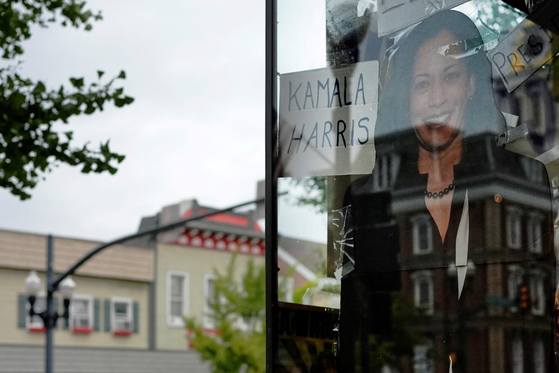 <p>A cardboard cut-out of Democratic presidential nominee and U.S. Vice President Kamala Harris stands in the window of the offices of the Indiana County Democrats, ahead of a campaign rally with Republican presidential nominee and former U.S. President.</p>
