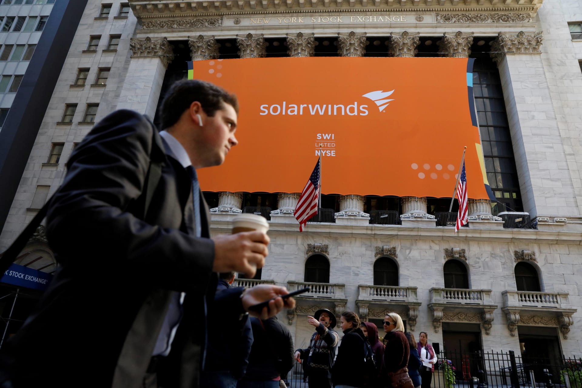 <p>SolarWinds Corp. banner hangs at the New York Stock Exchange (NYSE) on the IPO day of the company in New York on October 19, 2018.</p>

