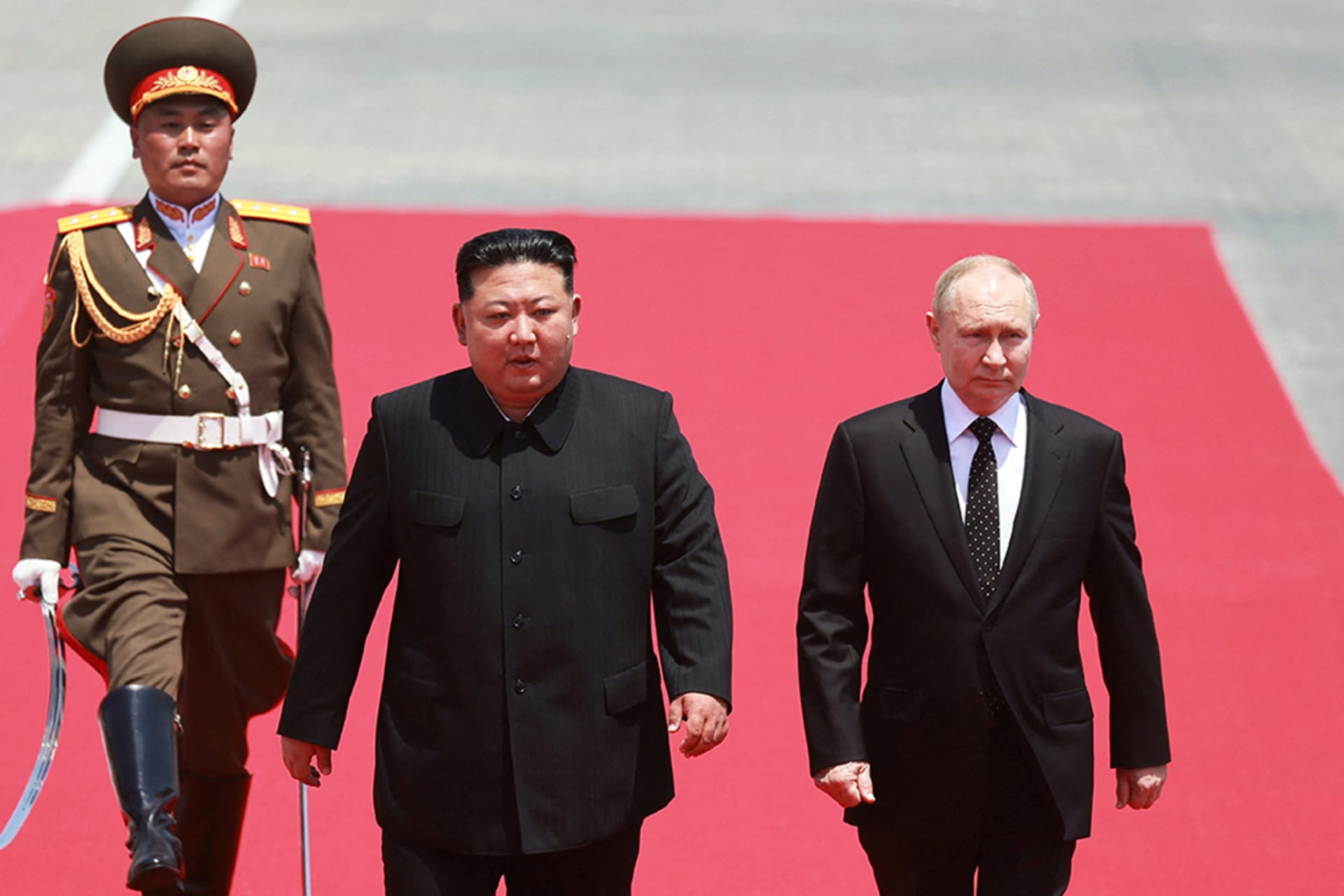 <p>Russia’s President Vladimir Putin and North Korea’s leader Kim Jong-un attend an official welcoming ceremony in Pyongyang, North Korea, June 19, 2024.</p>
