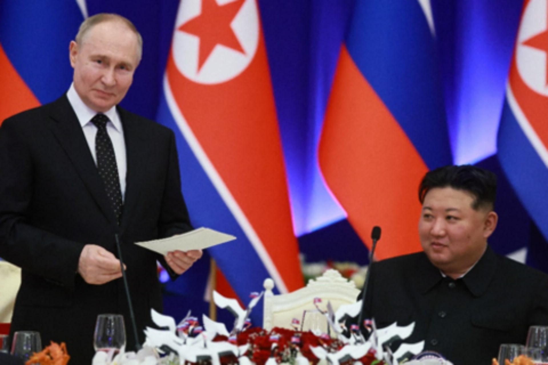 <p>Russian President Vladimir Putin and North Korean Leader Kim Jong-un at a state reception in Pyongyang, North Korea, on June 19, 2024.</p>
