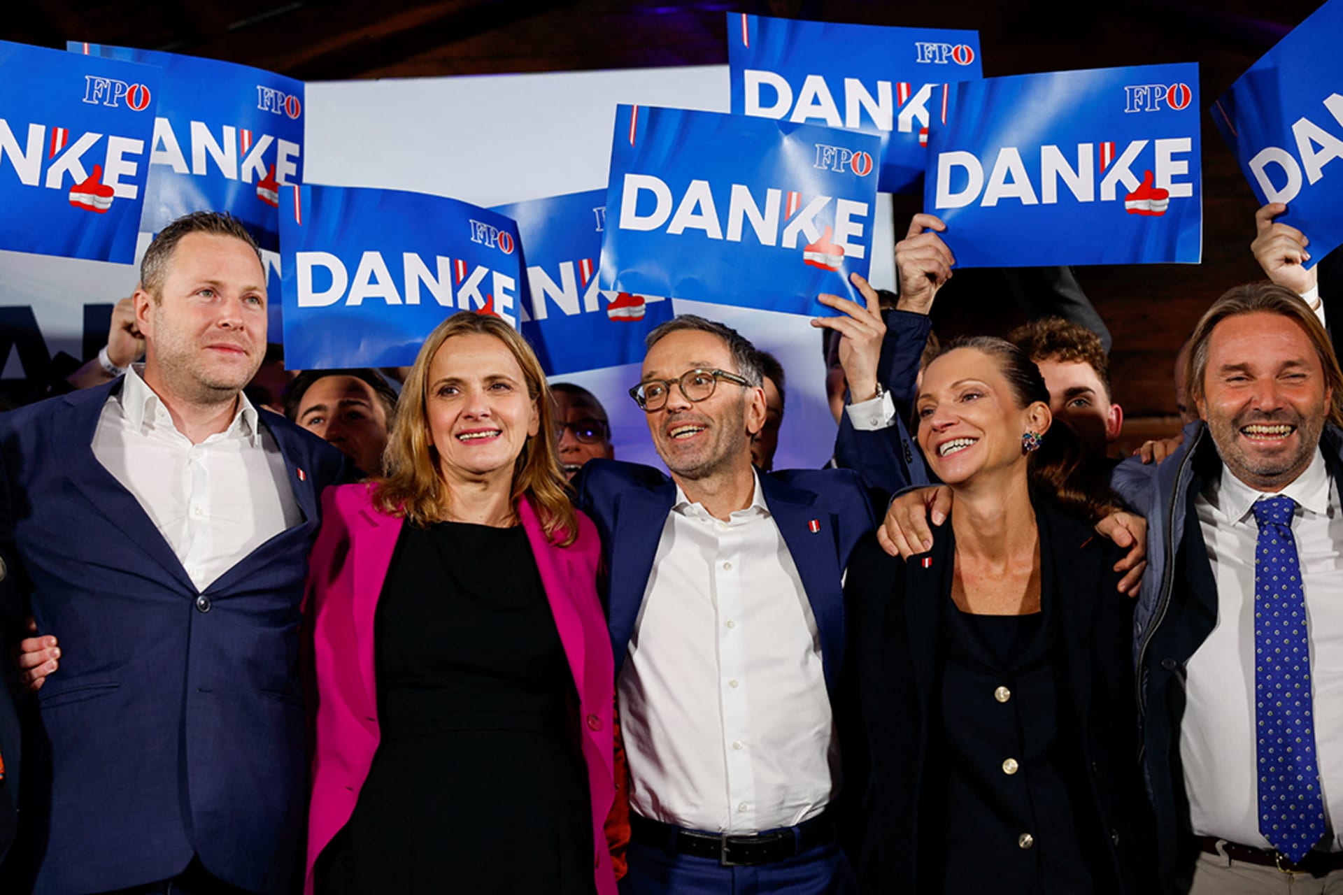 <p>Herbert Kickl (center), the head of Austria’s Freedom Party (FPÖ), and other party members celebrate the FPÖ’s September 2024 general election win.  </p>
