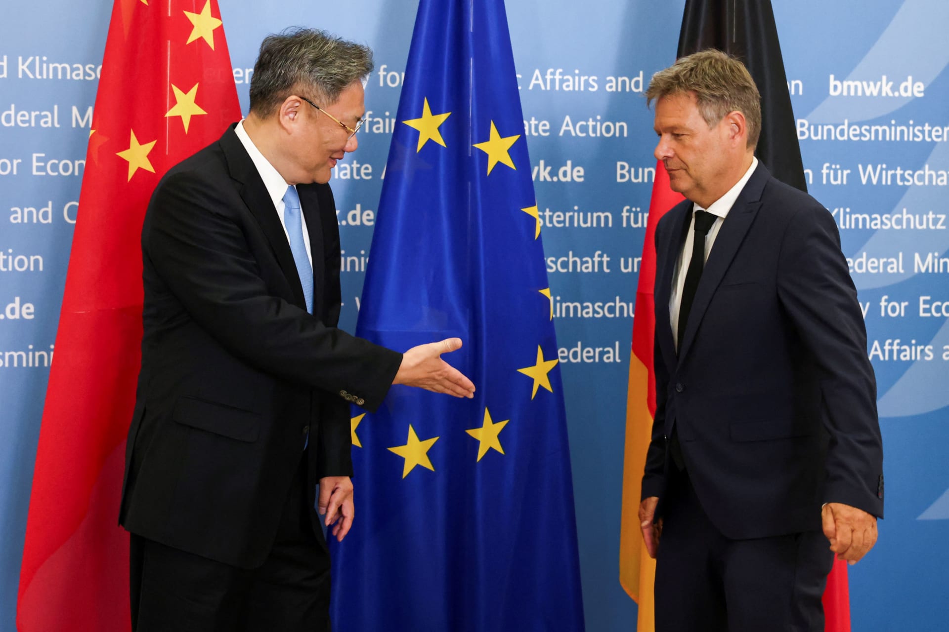 <p>German Economy Minister Robert Habeck meets Chinese Commerce Minister Wang Wentao in Berlin, Germany, September 17, 2024. </p>
