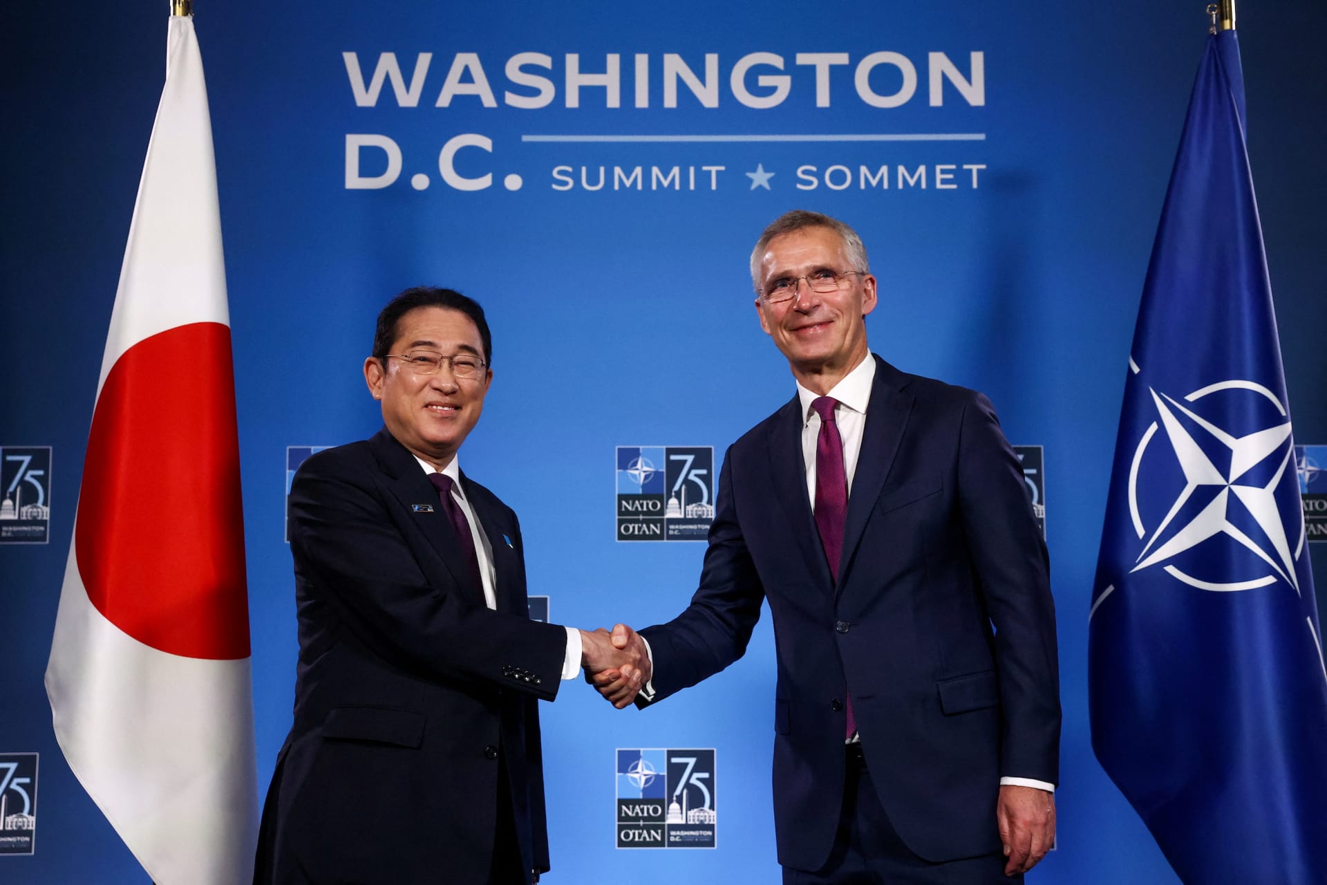 <p>NATO Secretary General Jens Stoltenberg and Japanese Prime Minister Fumio Kishida shake hands during the NATO summit in Washington, D.C.</p>
